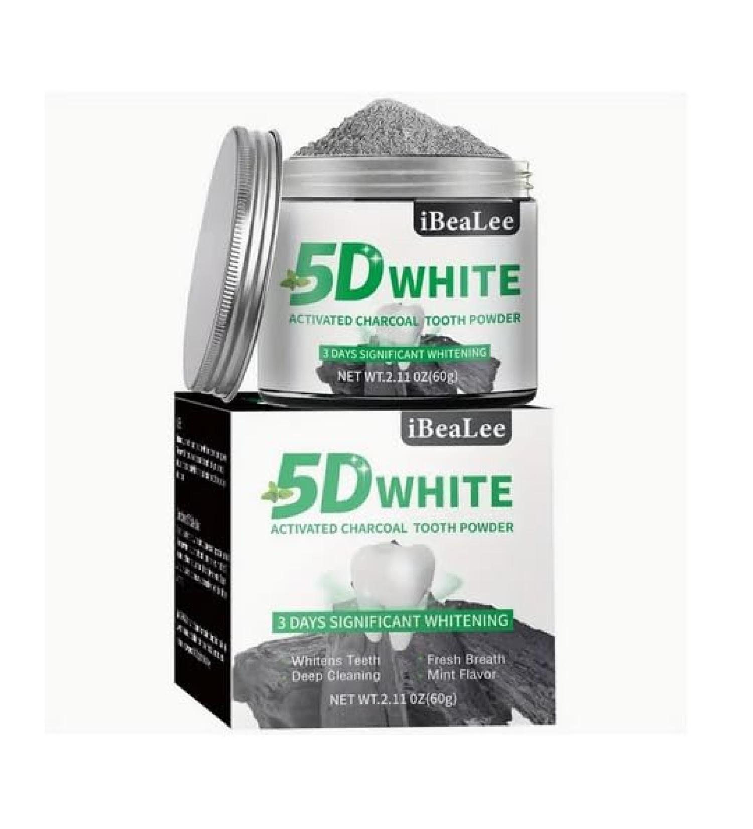 5D White Activated Charcoal Tooth Powder 2.11 oz Mint Flavor Natural Teeth Whitening - Buy Online on GoSupps.com