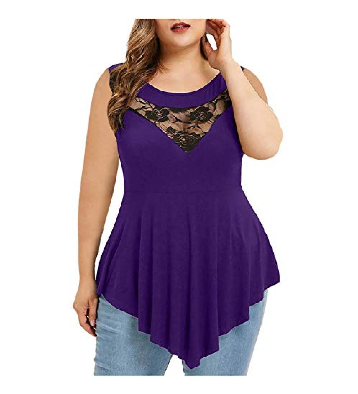 Women's Plus Size Short Sleeve Lace V-Neck Swing Hem Top - Solid Color Ruffled Blouse - Buy Online on GoSupps.com