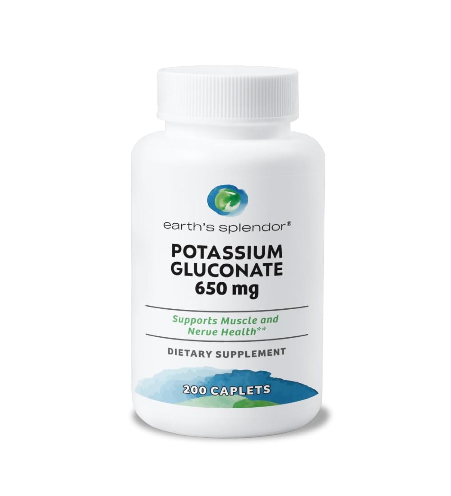 Earth's Splendor Potassium Gluconate 99mg Tablets - Supports Muscle and Nerve Health for Adults 200 Count - 6+ Month Supply Potassium 650 mg - Buy Online on GoSupps.com