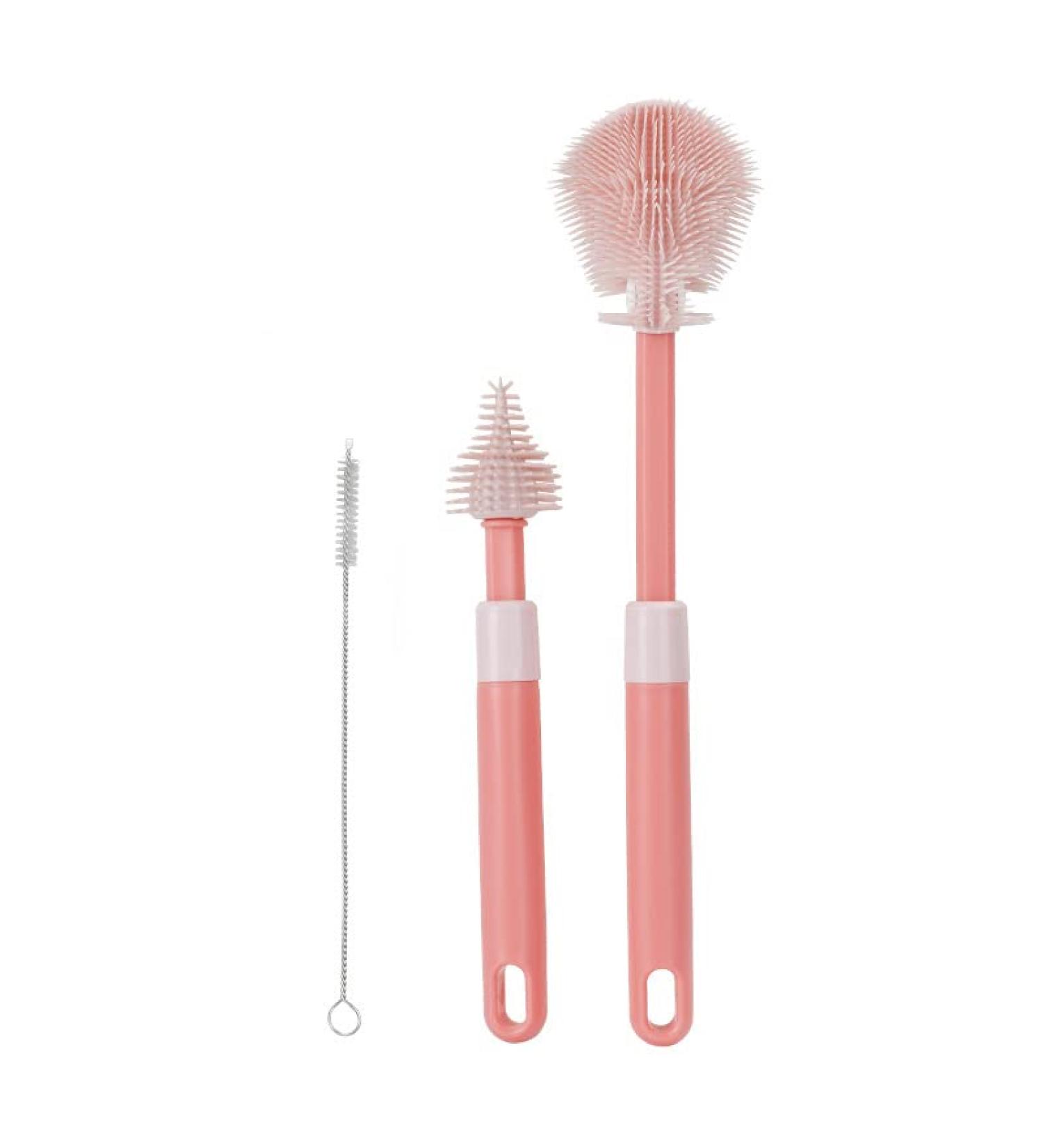 Baby Bottle Brushes Set - Extendable Long Handle, 3 Pieces Pink - Cleaning Silicon Teat, Milk, Water Bottles - Cleaner - Buy Online on GoSupps.com