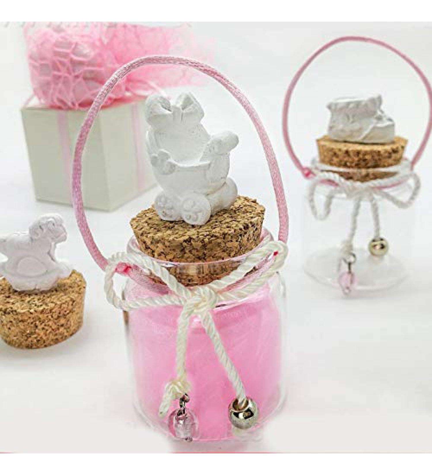 Ingrosso e Risparmio Set of 3 Glass Favour Jars with Cork Stoppers Decorated with White Chalks and Pink Cord Original Favours for New Baby Girl (with Red Dragees) - Buy Online on GoSupps.com