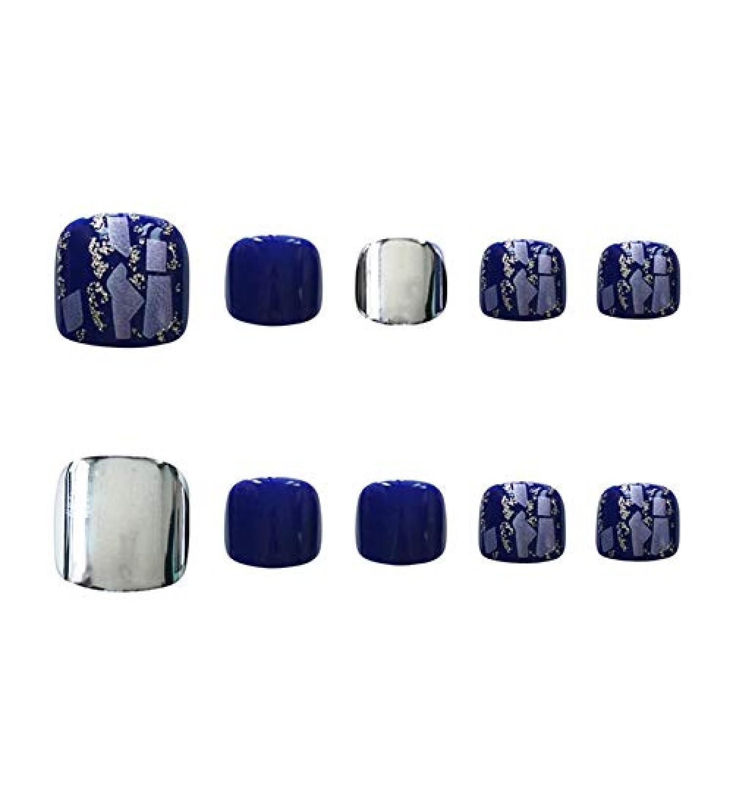 24pcs Fake Toenails with Glue Glitter False Toe Nail Tips For Women Full Cover Press On Toenails Art Pedicure Stick On Toenails for Women Fake Toe Nails for Big Toes Blue - Buy Online on GoSupps.com