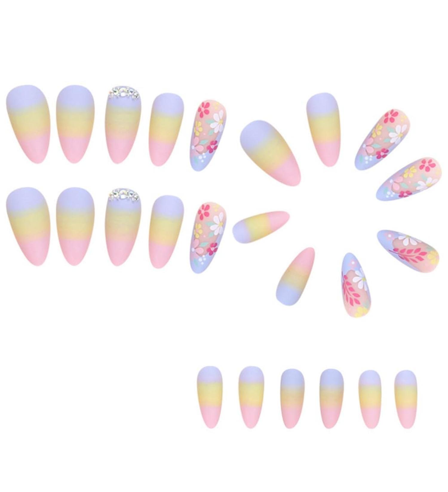 Qtynudy Diamond French Wearable Nails Full Cover Nail Tips Rainbow Small Flower Sticker False Nail Tips - Buy Online on GoSupps.com