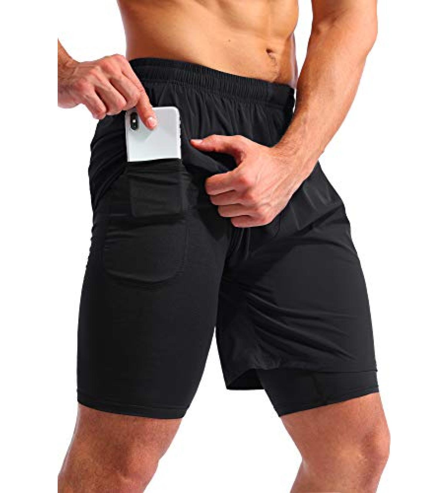 Pudolla Men's 2 in 1 Running Shorts - Quick Dry Athletic Workout Shorts with Phone Pockets | Black - Large - Buy Online on GoSupps.com