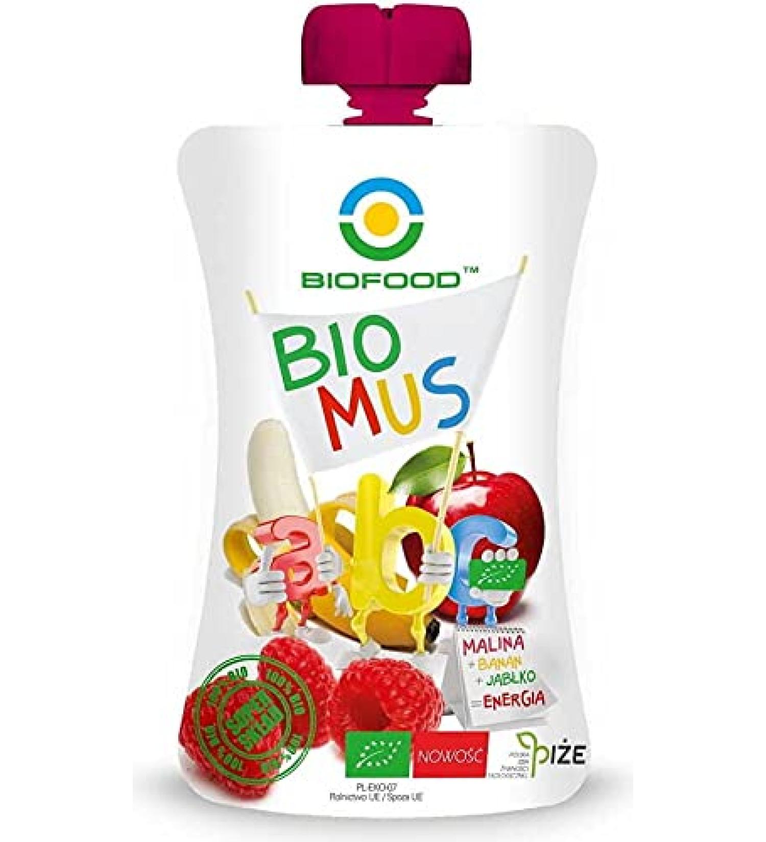 Organic raspberry-banana-apple mousse 90 g - BIO FOOD