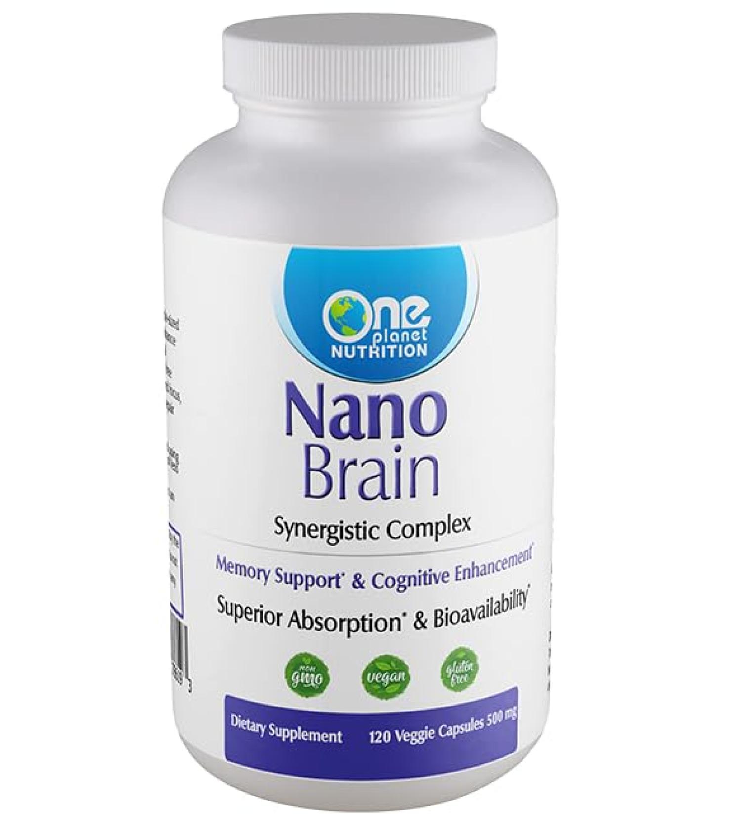 One Planet Nutrition Nano Brain 500 mg Capsules (120 Count) - Synergistic Blend of Bacopa Curcumin Boswellia & Ginkgo - Enhances Mental Clarity & Memory - Non-GMO Vegan Gluten Free