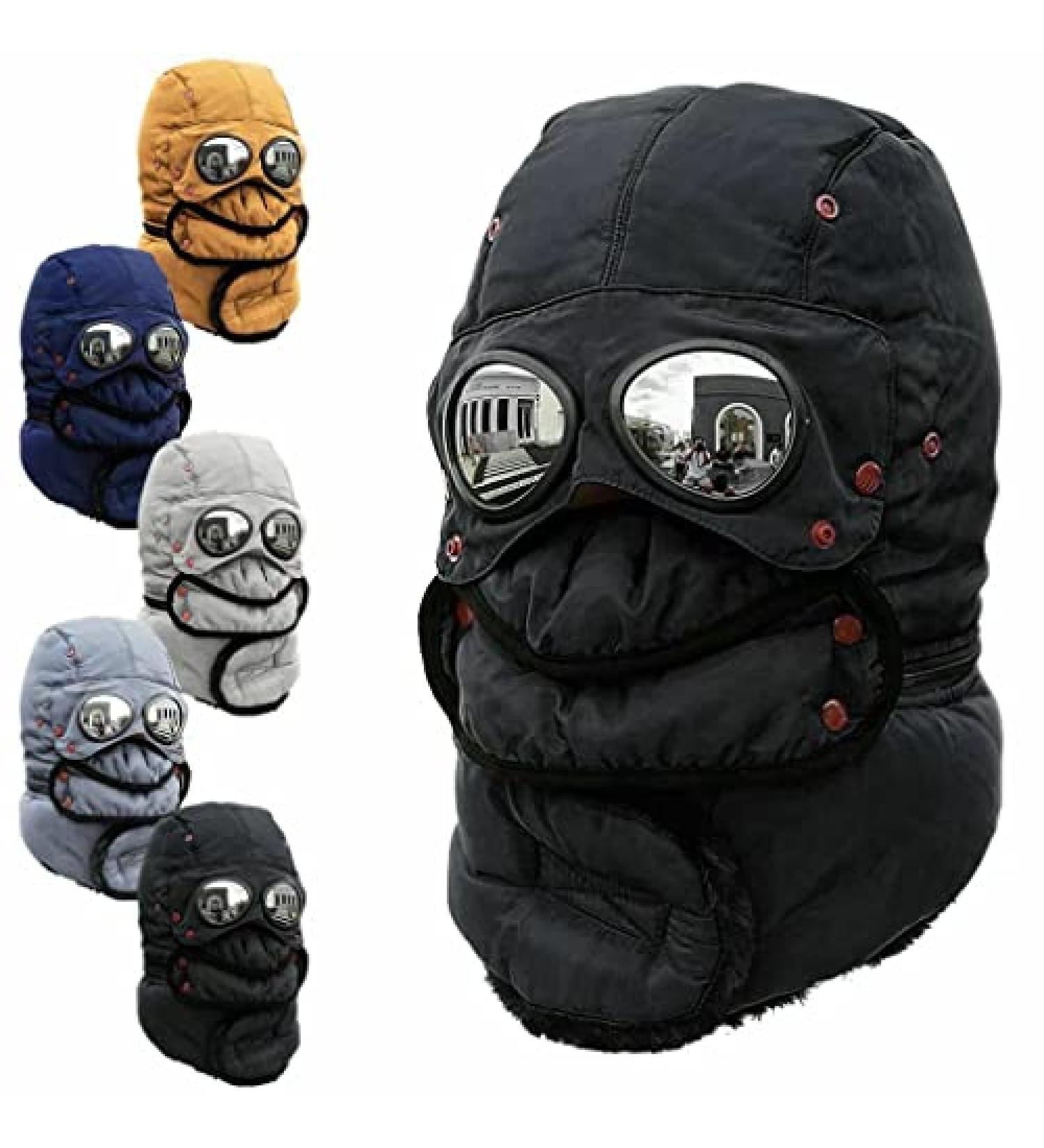 Winter Thermal Trapper Hat with Glasses - Windproof Ski Mask Cap in Black - Buy Online on GoSupps.com