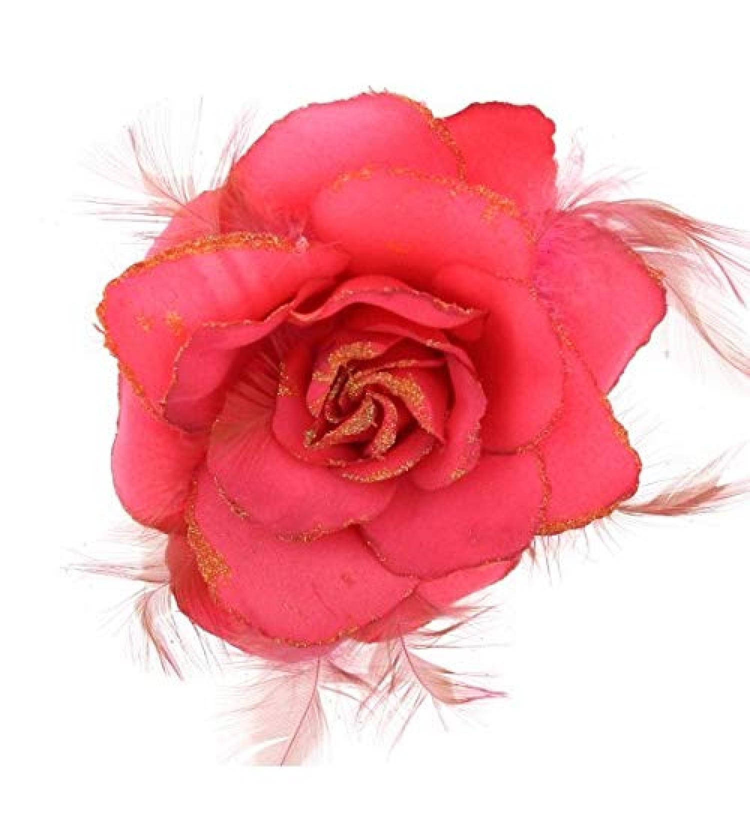 Zac's Alter Ego Glitter Hair Rose with Feathers on Clip & Elastic - Hair Piece or Corsage Bright Pink