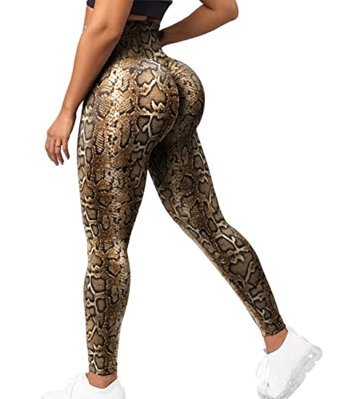 YOFIT Women High Waist Butt Lift Leggings - Brown Snake Medium | Gym Workout Yoga Pants with Tummy Control and Booty Scrunch Detail - Buy Online on GoSupps.com