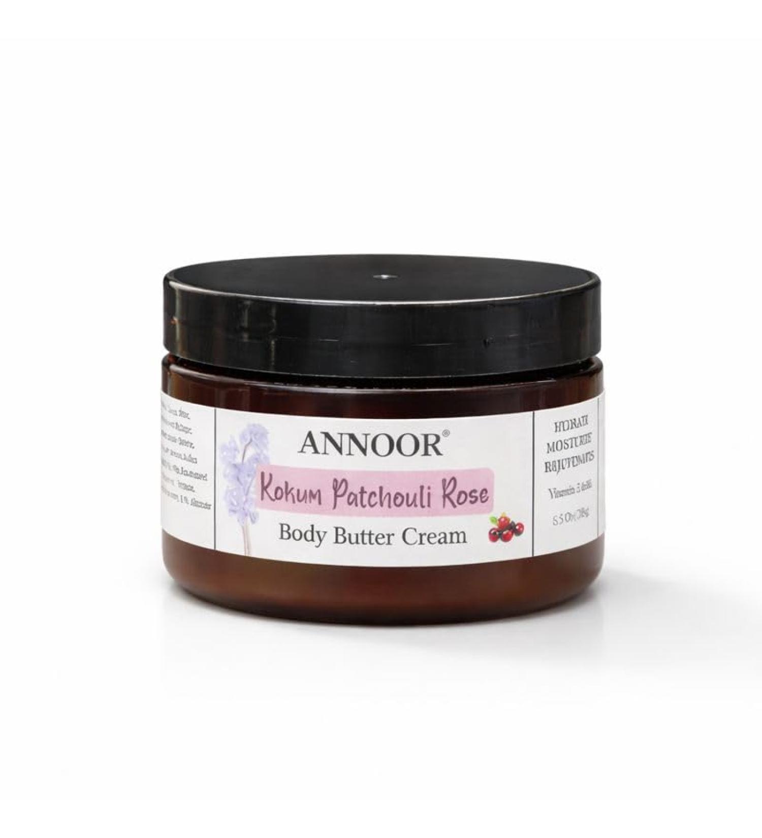 Annoor Kokum Patchouli Rose Body Butter Cream | 3 Oz | Enriched with Rose Hydrosol Kokum Butter Shea Butter Almond Oil Ginger Vitamin E and Vitamin B5 | Deeply Hydrating and Softening Cream - Buy Online on GoSupps.com