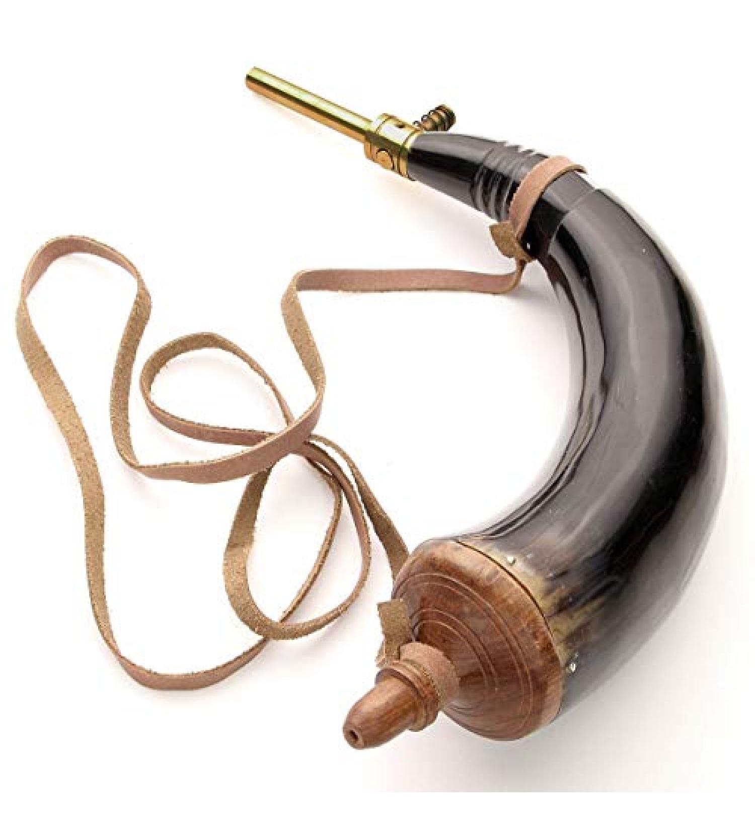 Hand-carved Windlass Gun Powder Horn with Spring Loaded Brass Dispenser and Leather Strap - Buy Online on GoSupps.com