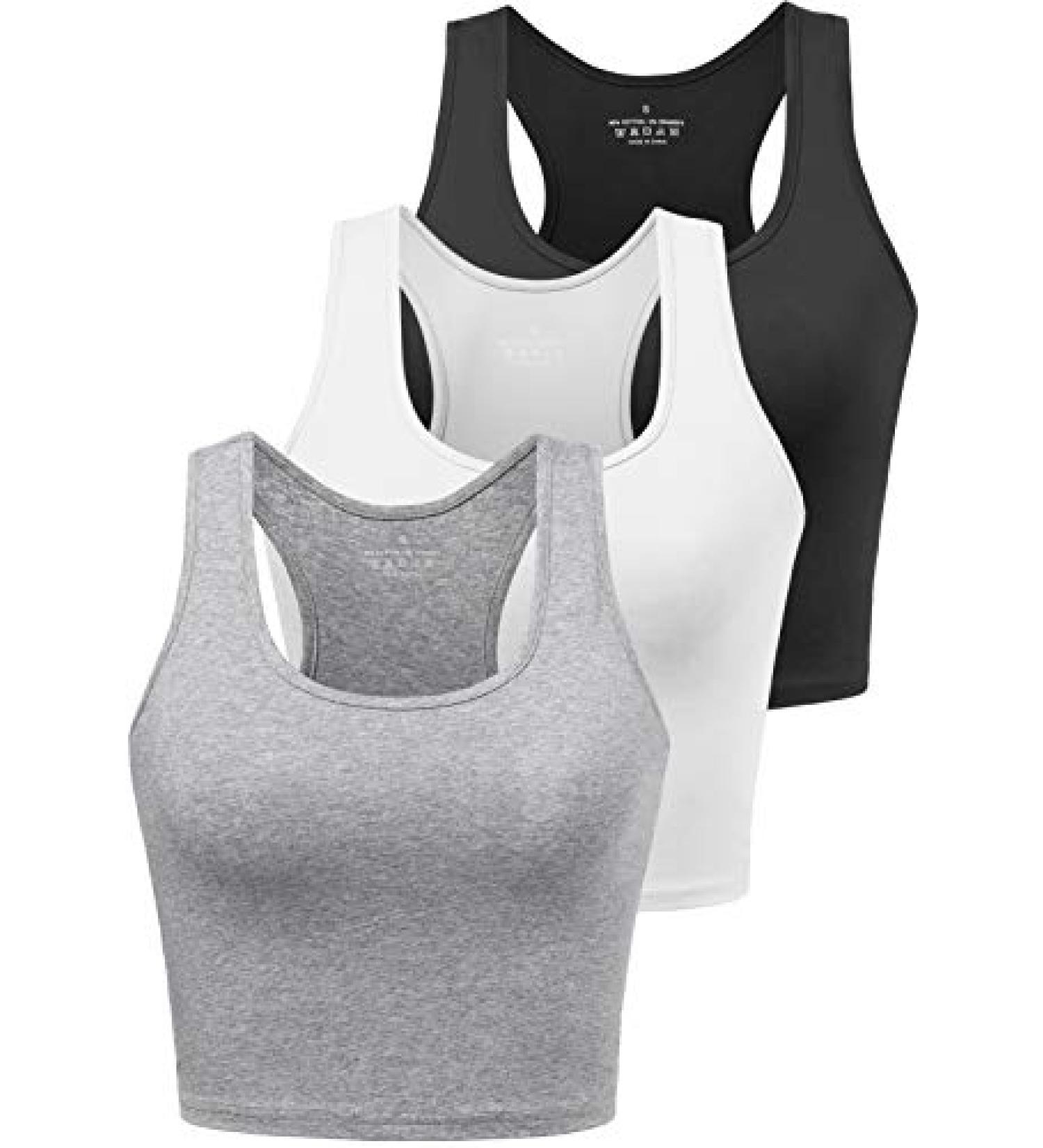 Women's Sports Crop Tank Tops 3-Pack - Racerback Workout Tanks for Running Yoga Gym - Black White Grey - Medium Size - Buy Online on GoSupps.com