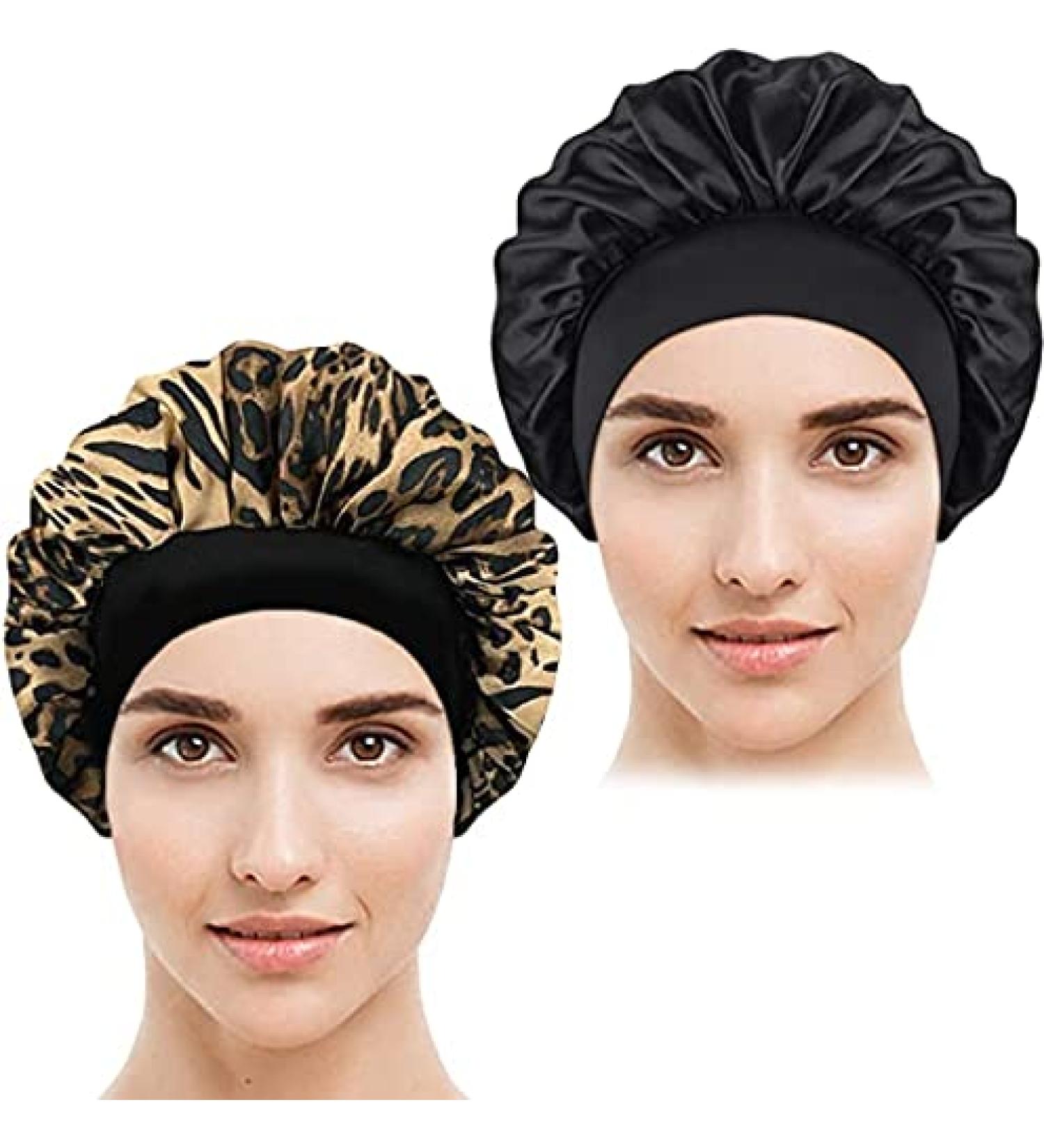 Satin Bonnet 2Pcs Set for Black Women - Silky Sleep Cap for Curly Natural Hair - Breathable Braid Bonnet - Black + Leopard Pattern - Buy Online on GoSupps.com