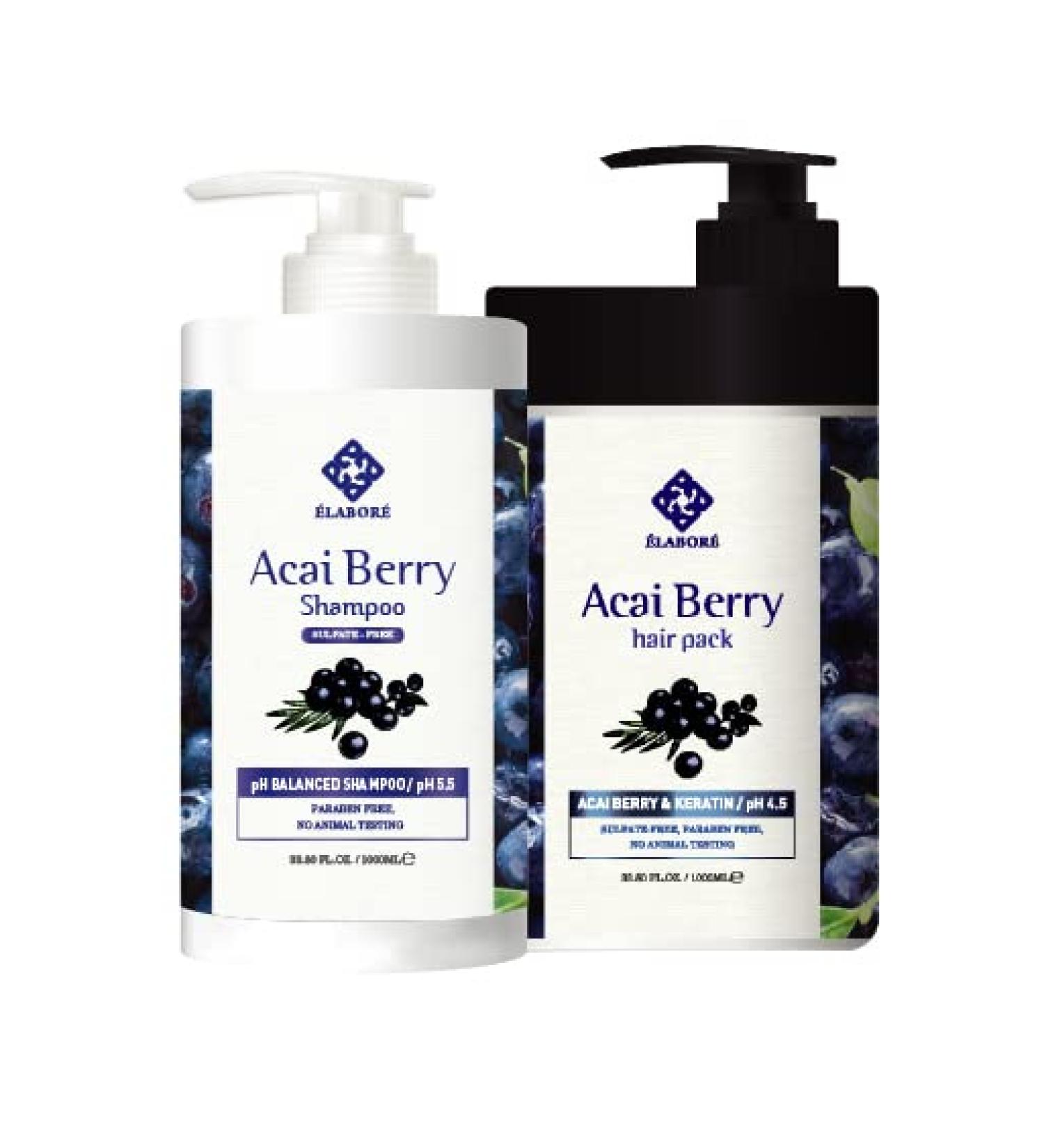 Elabore Acai Berry Super Hair Pack & (Sulfate Free) Shampoo Set 33.80fl.oz/ 1000ml
