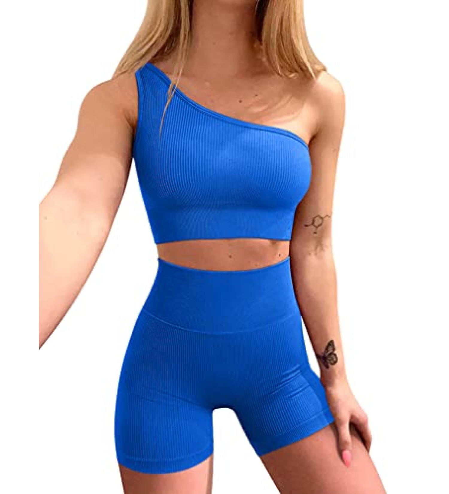 OQQ Women's Ribbed One Shoulder Workout Set - Blue | High Waist Shorts & Sports Bra | Medium - Buy Online on GoSupps.com