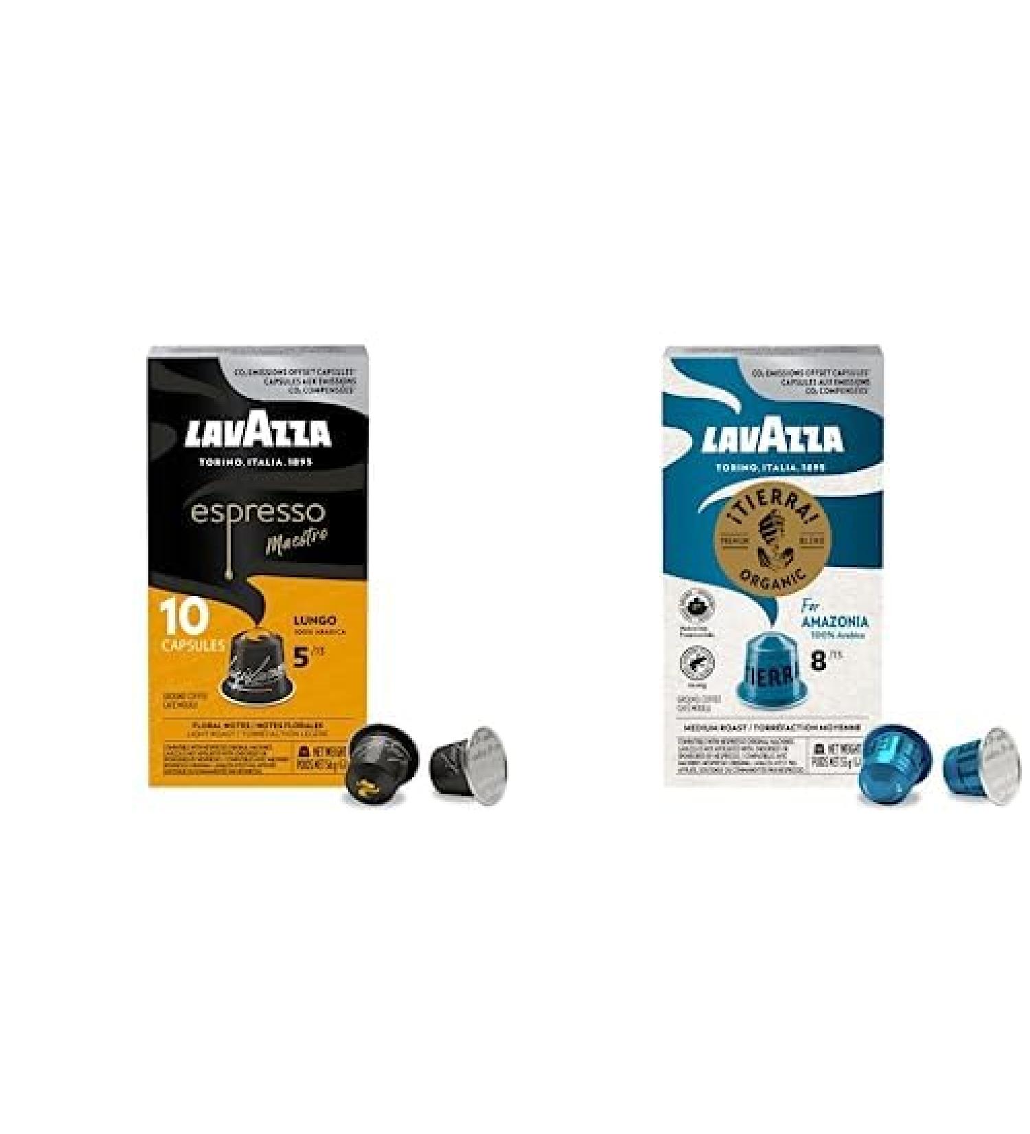 Lavazza Espresso Maestro Lungo Light Roast Coffee with Nespresso Original Machine with Tierra for Amazonia Medium Roast Coffee Capsules Compatible with Nespresso Original Machines