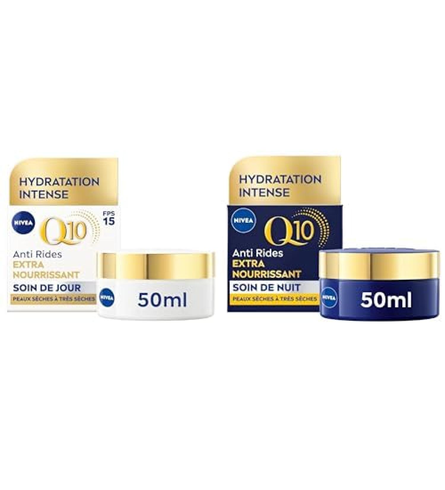 Lot NIVEA Q10 Soin de Jour Extra Nourrisant FPS15 (1x50 ml) +Soin de Nuit Extra Nourrisant (1x50 ml) Q10 pur & Huile d'Argan cr me anti- ge nourrissante soin hydratant peaux s ches tr s s ches