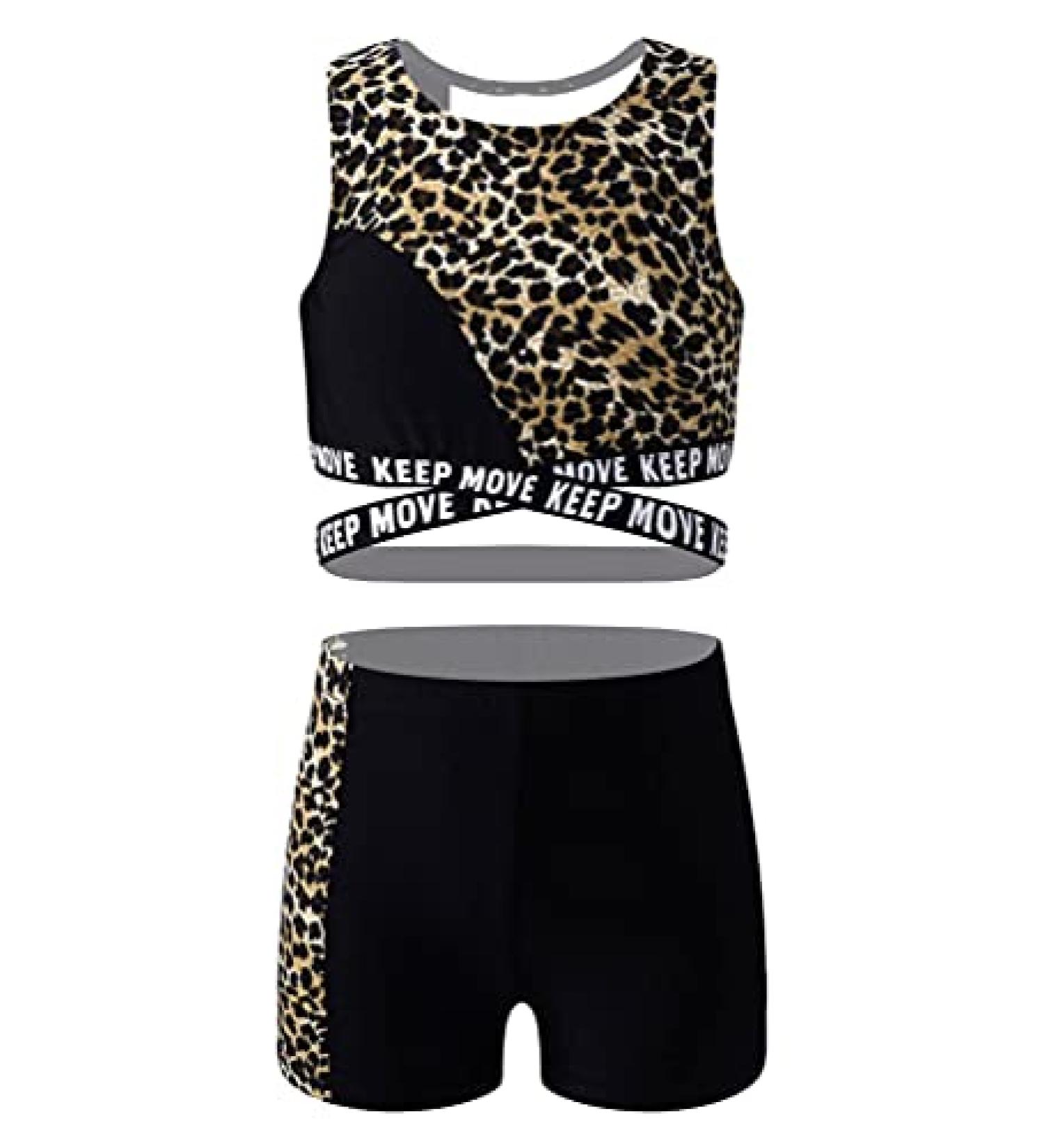dPois Kids Girls' Leopard Gymnastics Outfit Set - Racerback Tank Top and Shorts | Dance and Workout Tracksuit for Girls Size 6 - Buy Online on GoSupps.com