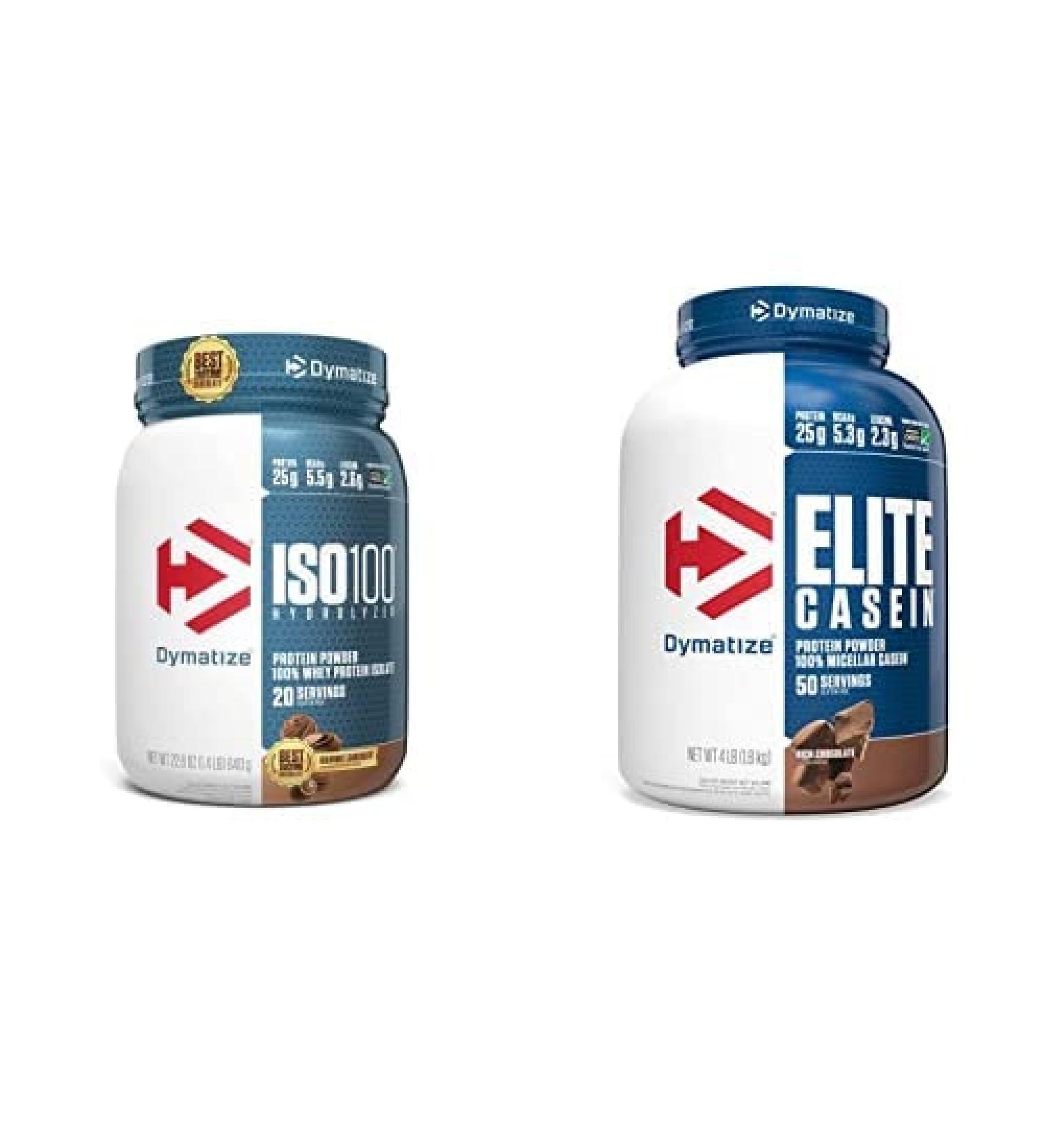 Dymatize ISO100 Hydrolyzed Protein Powder 25g of 100% Whey Isolate Protein Gourmet Chocolate 20 Servings Elite Casein Protein Powder 100% Micellar Casein Rich Chocolate 4 Pound