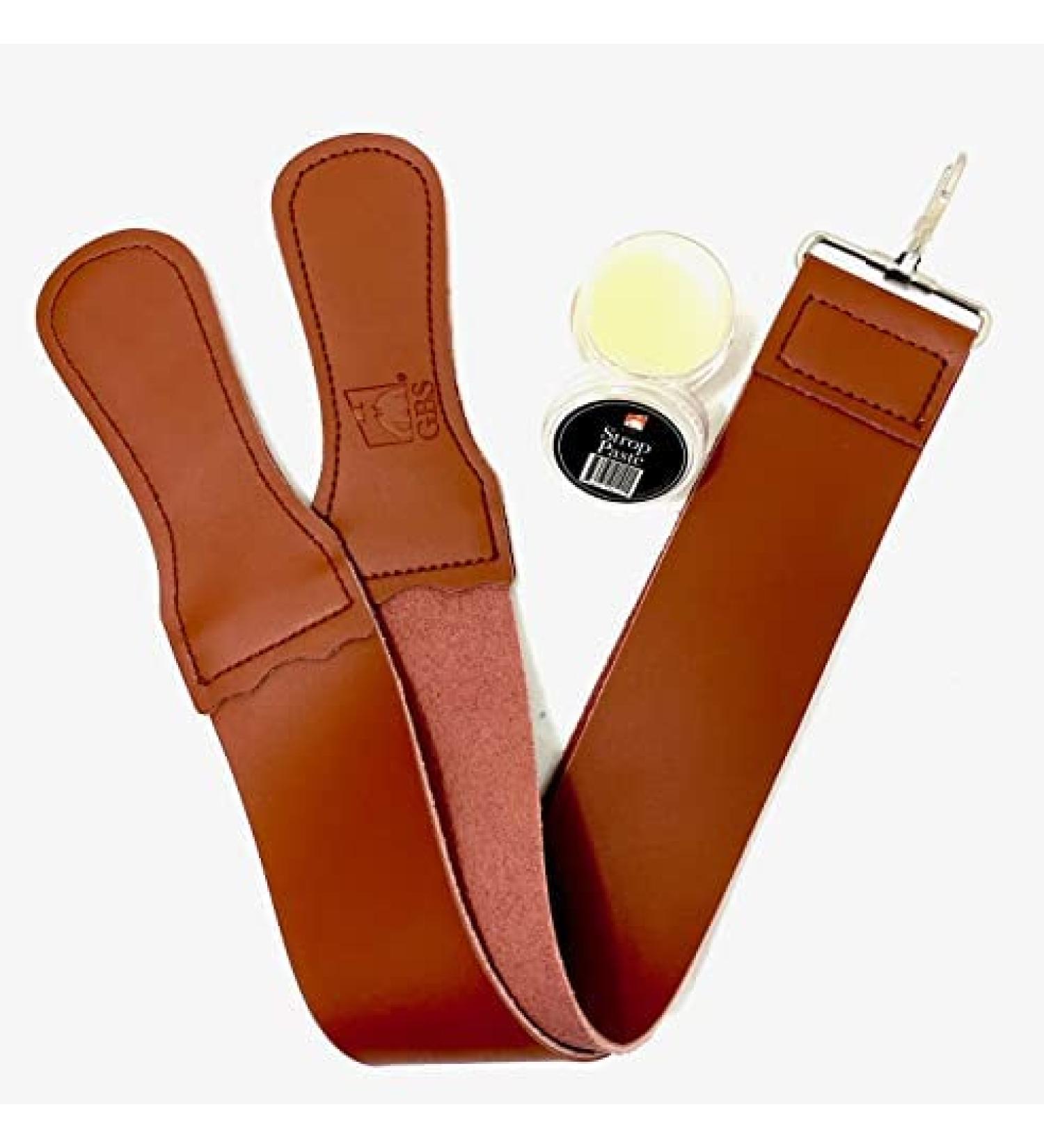 G.B.S Leather Razor Strop - Handmade Dual Swivel Clip, Tension Handle, Straight Razor Knife Sharpener, Dressing Jar | Premium Grain Leather, Suede Side - Polished Finish - Buy Online on GoSupps.com