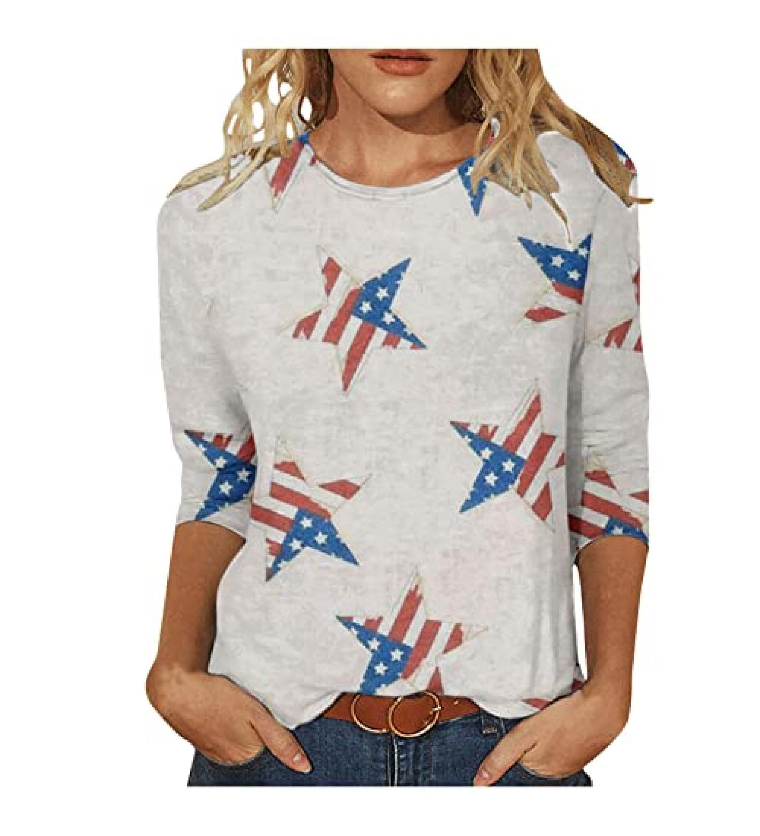 4th of July Womens Summer Tshirt American Flag 3/4 Sleeve - White XL - Buy Online on GoSupps.com
