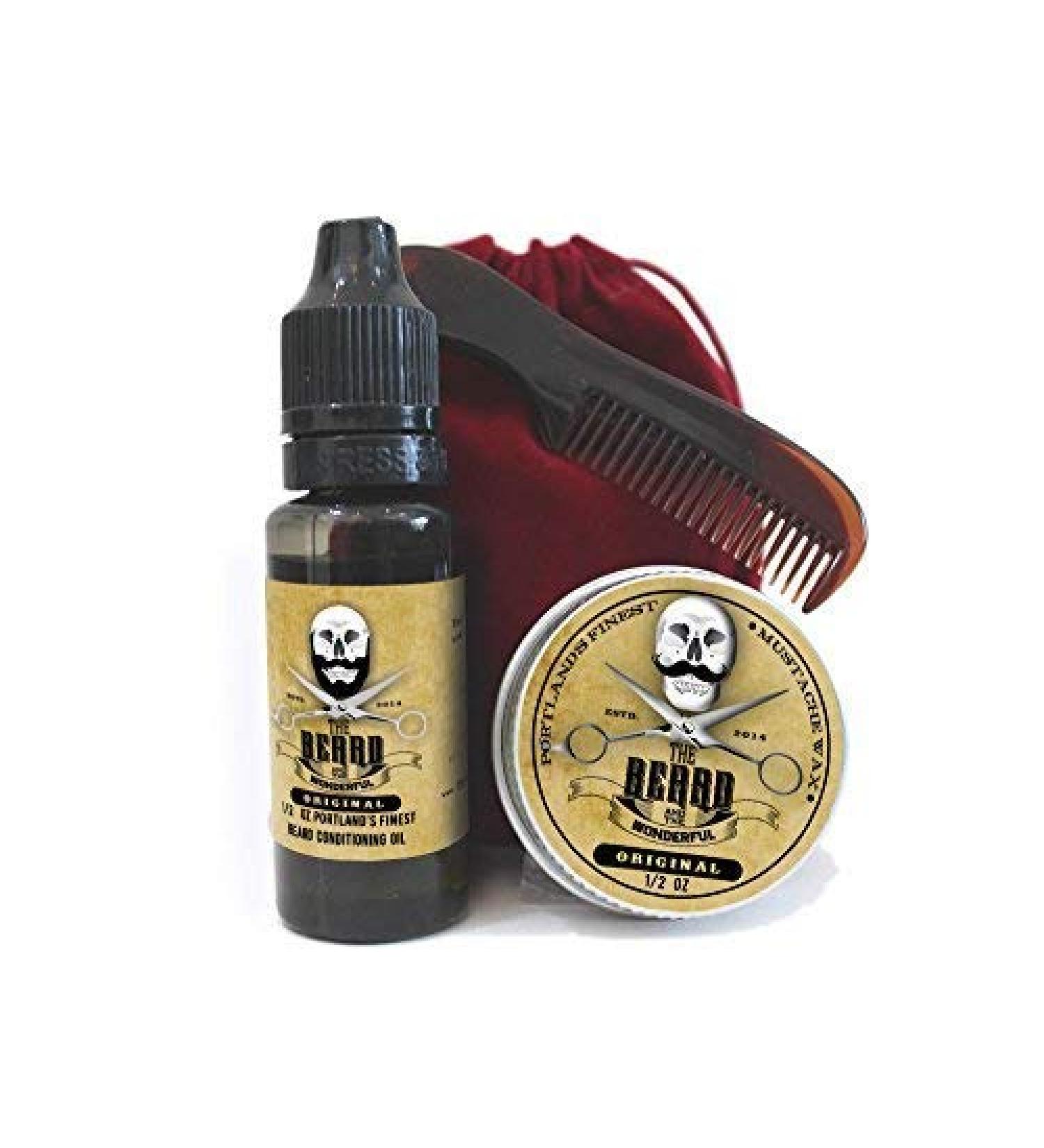 Mens Grooming Set - Original Fragrance Moustache Wax, Beard Oil, Pocket Comb in Red Velvet Travel Bag - Buy Online on GoSupps.com