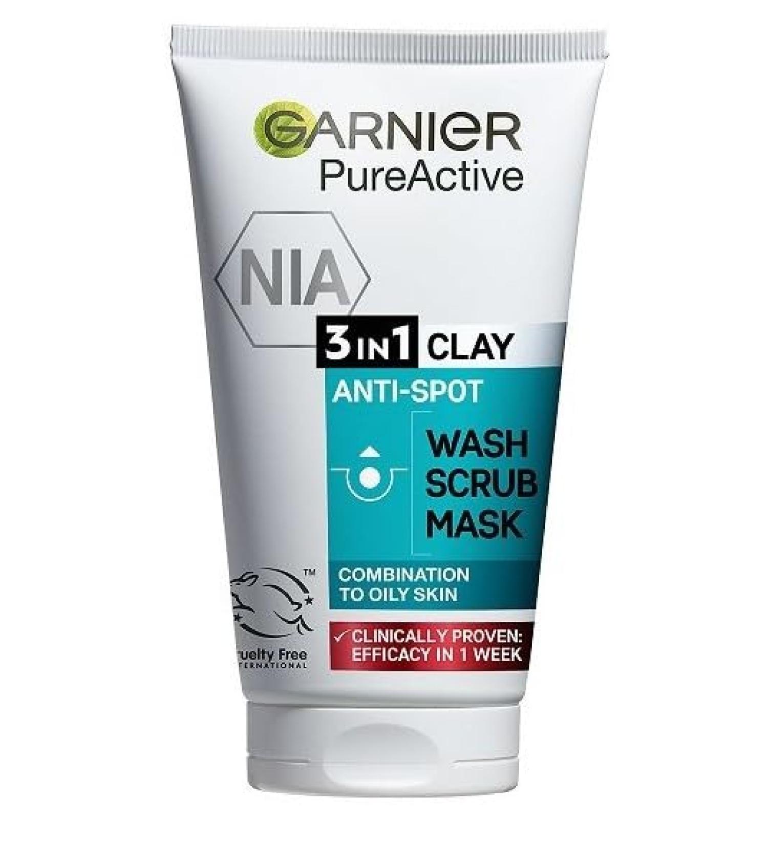 Garnier Pure Active 3in1 Clay Mask Wash Scrub 150ml With Clay Eucalyptus & Salicylic Acid Face Cleanser For Oily Skin