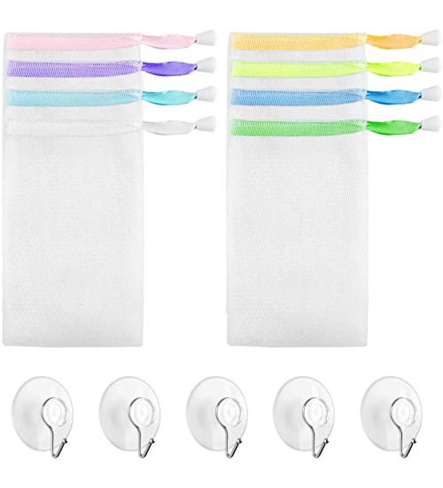 8 Pcs Mesh Soap Net Bag Soap Pouch Saver with Drawstring and 5 Pack Suction Hook Exfoliating Mesh Soap Bag Set for Shower Bath (Random Color 5.9x3.54 Inch) - Buy Online on GoSupps.com