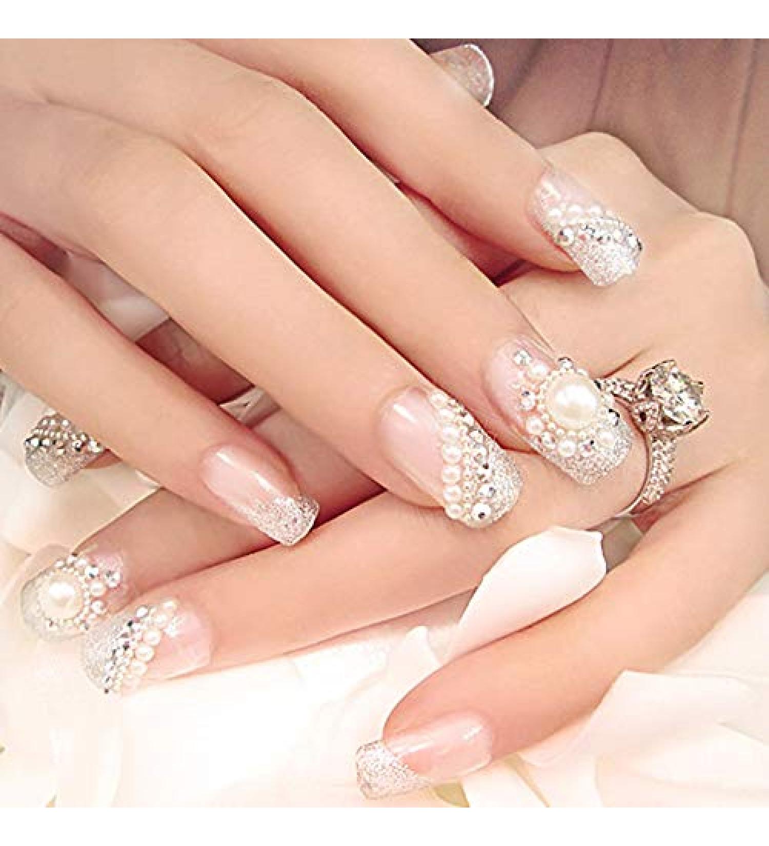 Fairvir Bling Rhinestone Sun Pearl False Nails - Acrylic Fake Nails for Weddings & Birthdays | Elegant Nail Art for Women & Girls - Buy Online on GoSupps.com