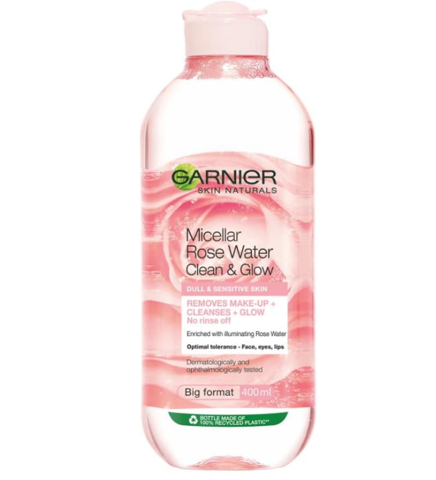 Garnier Micellar Rose Cleansing Water For Dull Skin Glow Boosting Cleanser and Makeup Remover Big Format Optimal Tolerance - Face Eyes Lips 400 ml - Buy Online on GoSupps.com