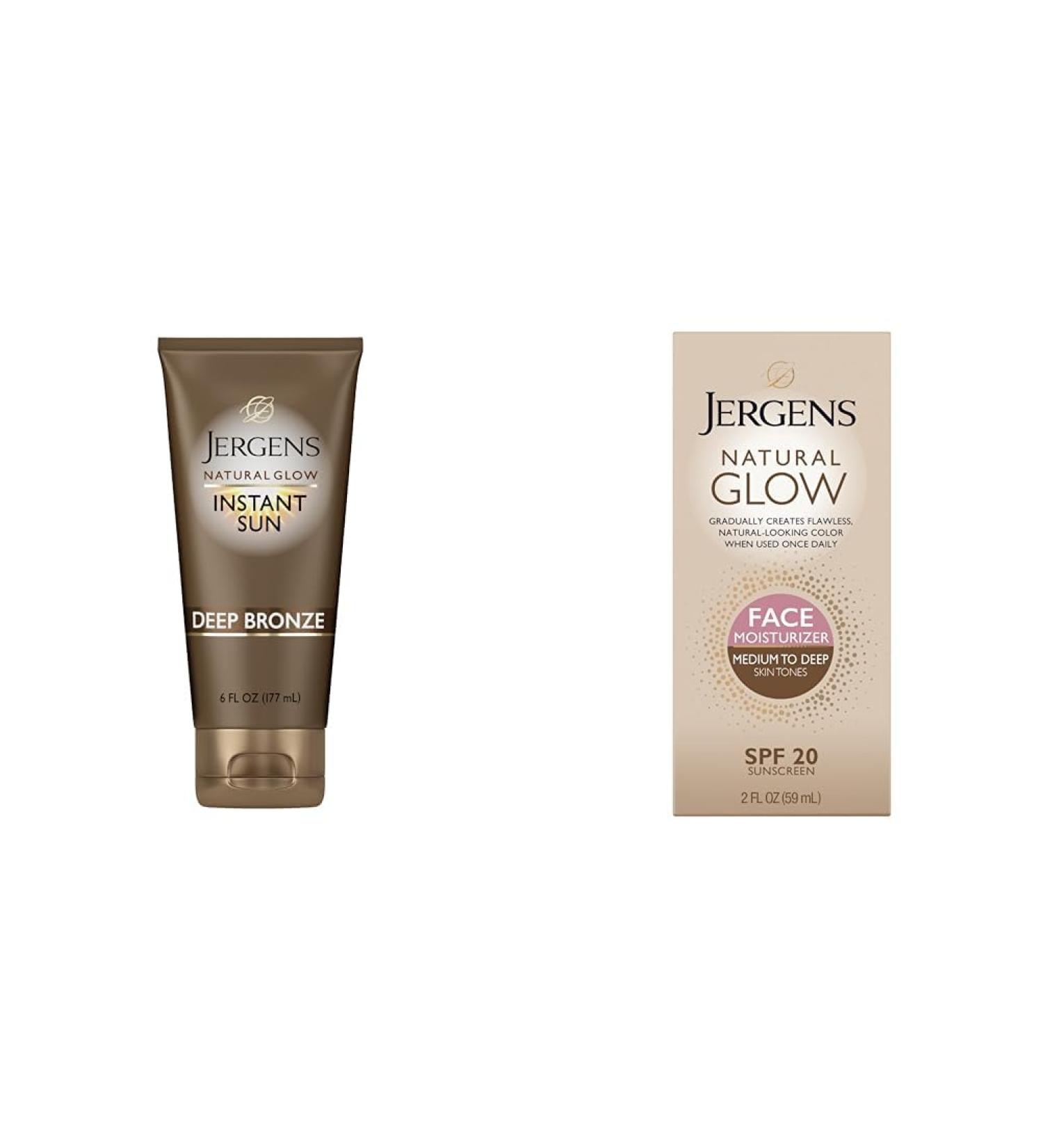Jergens Natural Glow Instant Sun Sunless Tanning Moisturizer & Natural Glow Self Tanner Face Moisturizer SPF 20 Facial Sunscreen Medium to Deep Skin Tone Sunless Tanning Oil Free - Buy Online on GoSupps.com