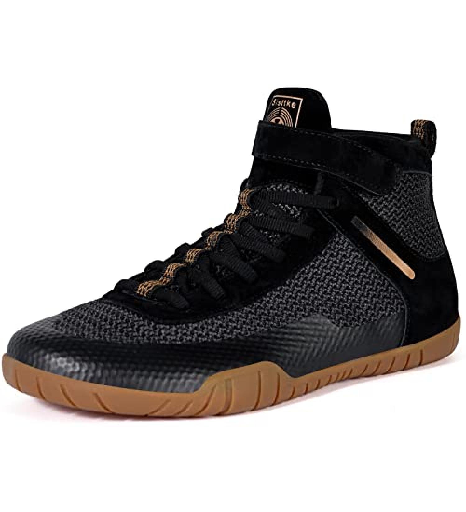 Wrestling Shoes Men Boxing Shoe Fitness Sneakers - Zero Drop Sole - 10 Wide - Black/Gold - Buy Online on GoSupps.com