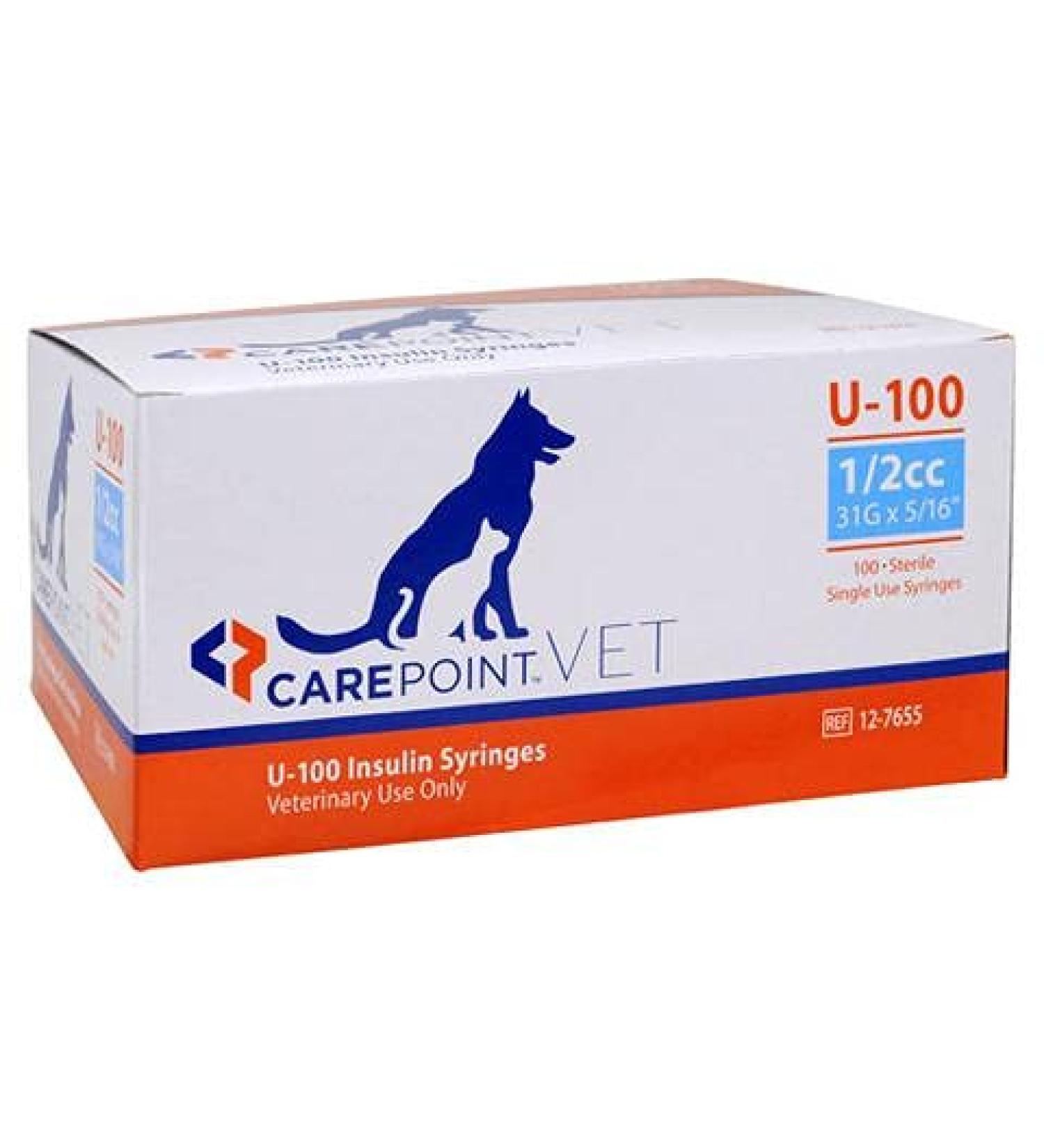 CarePoint Vet U-100 Insulin Syringe 1/2cc 31G x 5/16" 100/Box 12-7655
