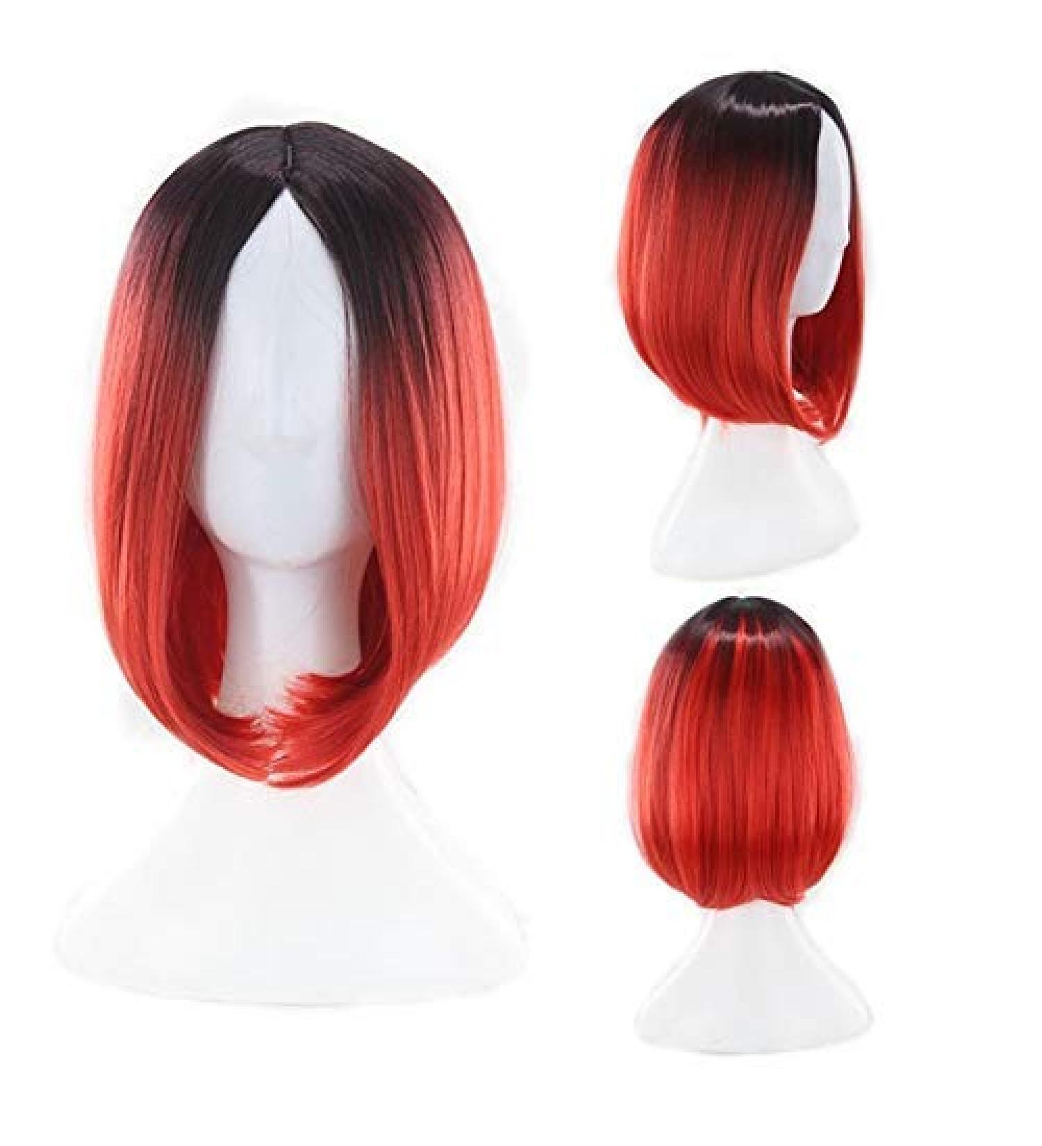 GJBXP 12inch Short Bob Wigs for Women Synthetic Hair Anime Cosplay Two Tone Black Pink Gray Blue Green Red Purple Blonde Ombre Wig Black Yellow Green 2
