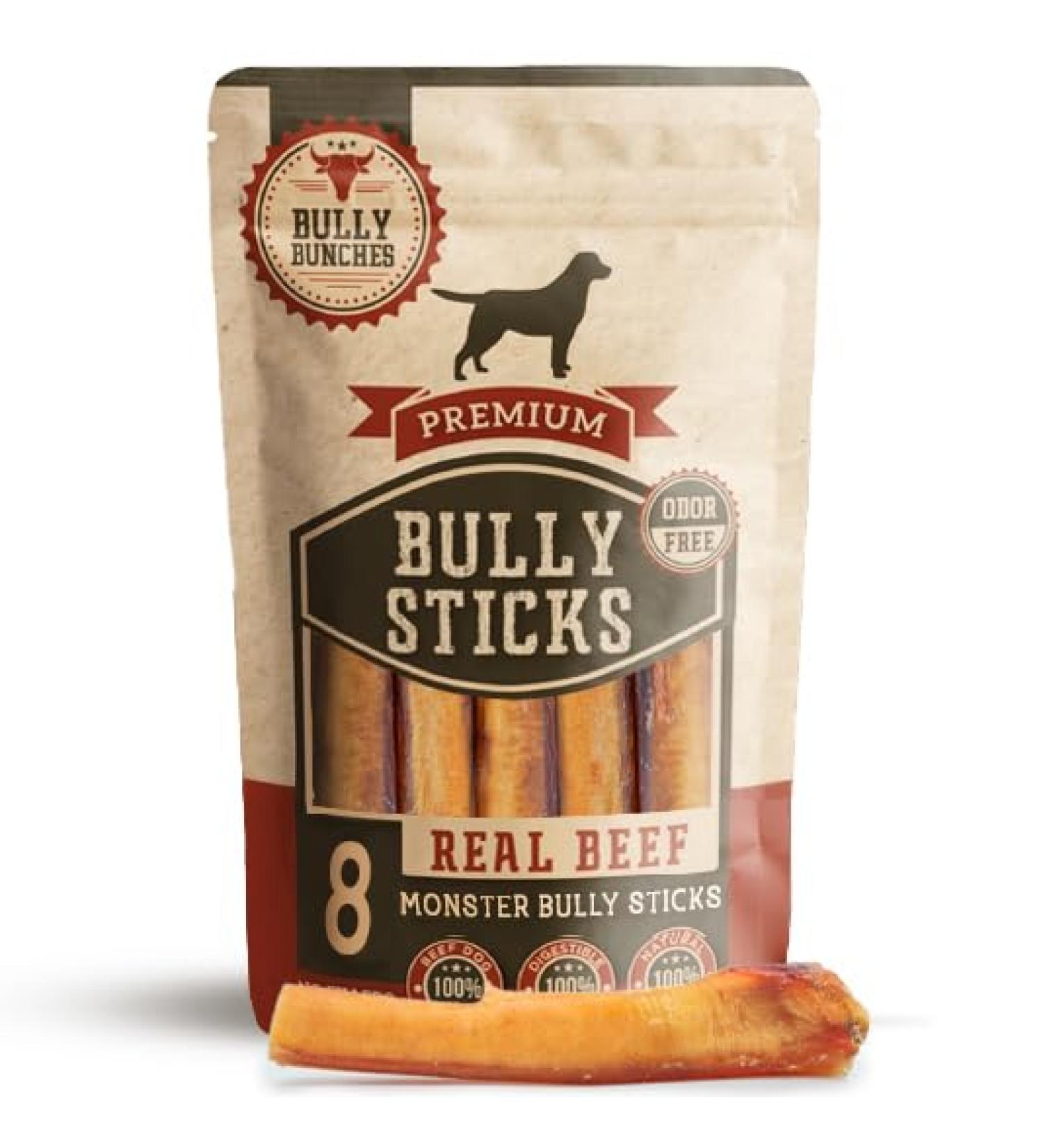Bully Bunches Premium 6 Inch Monster Odour-Free Bully Sticks for Medium & Large Dogs - Long Lasting Chew Bones - All Natural & Single Ingredient 100% Beef Dog Treat Rawhide Alternative (8 Pk) 6 Inch 8 Pack - Buy Online on GoSupps.com