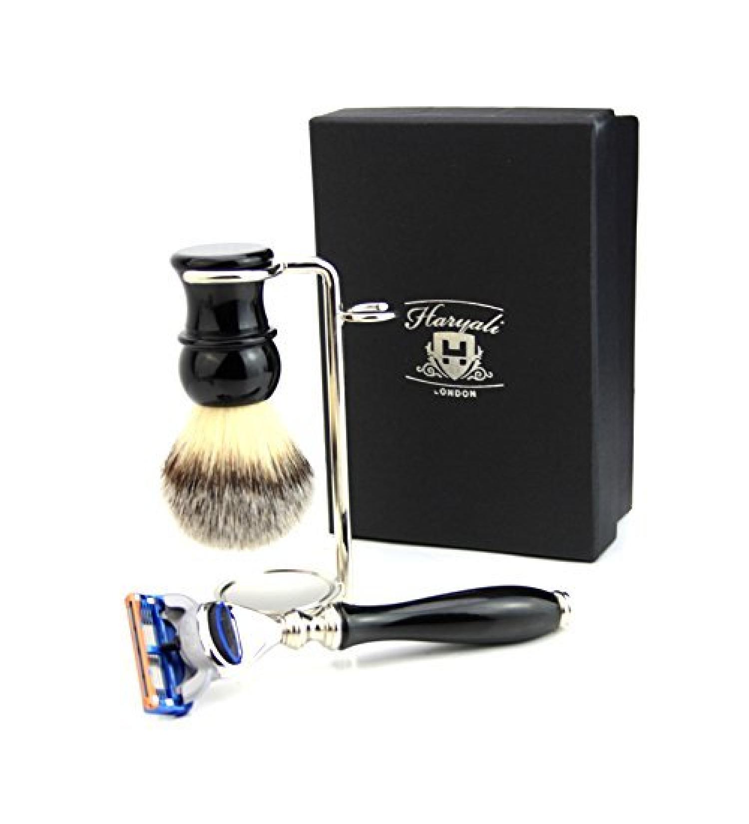 Buy 3 Pc Men's Shaving Kit - 5 Edge Razor Synthetic Badger Hair Brush & Stainless Steel Stand | Perfect Grooming Gift - Buy Online on GoSupps.com