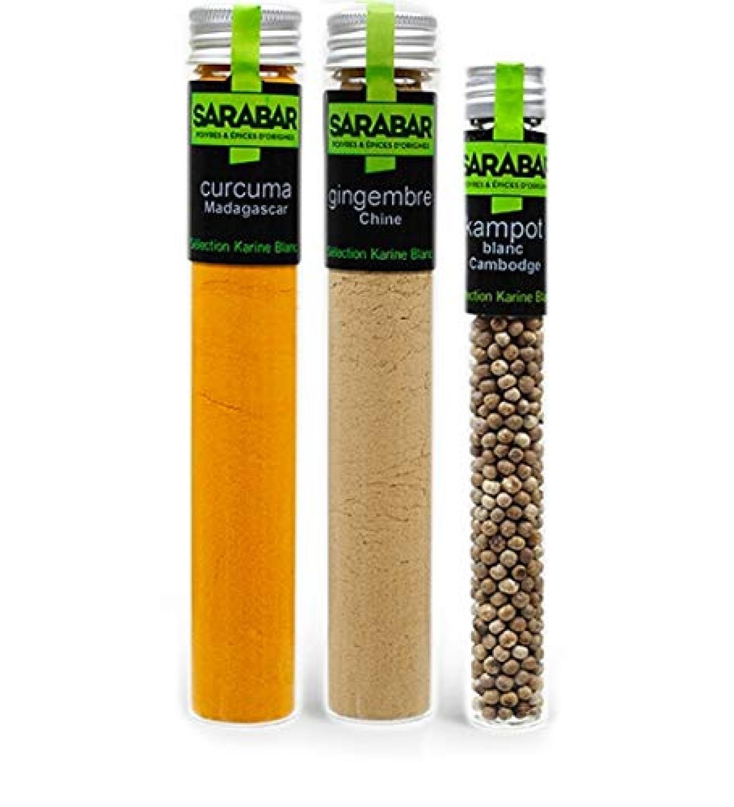 Sarabar - Gourmet Detox Kit - 1 Tube Ginger 54g - 1 Tube Turmeric 40g - 1 Tube Kampot White 18r