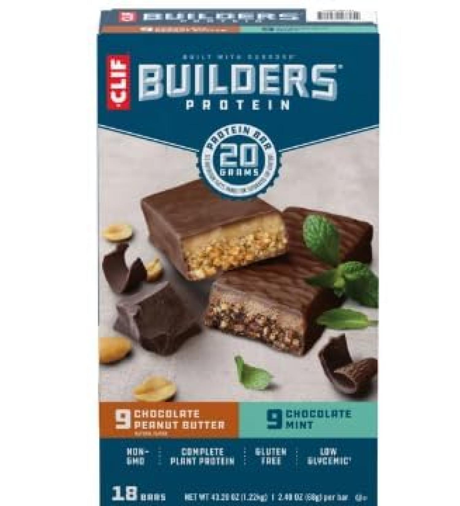 Builder Cliff Protein 18 Bars Box: 9 Chocolate Mint & 9 Chocolate Peanut Butter 43.20oz - Buy Online on GoSupps.com
