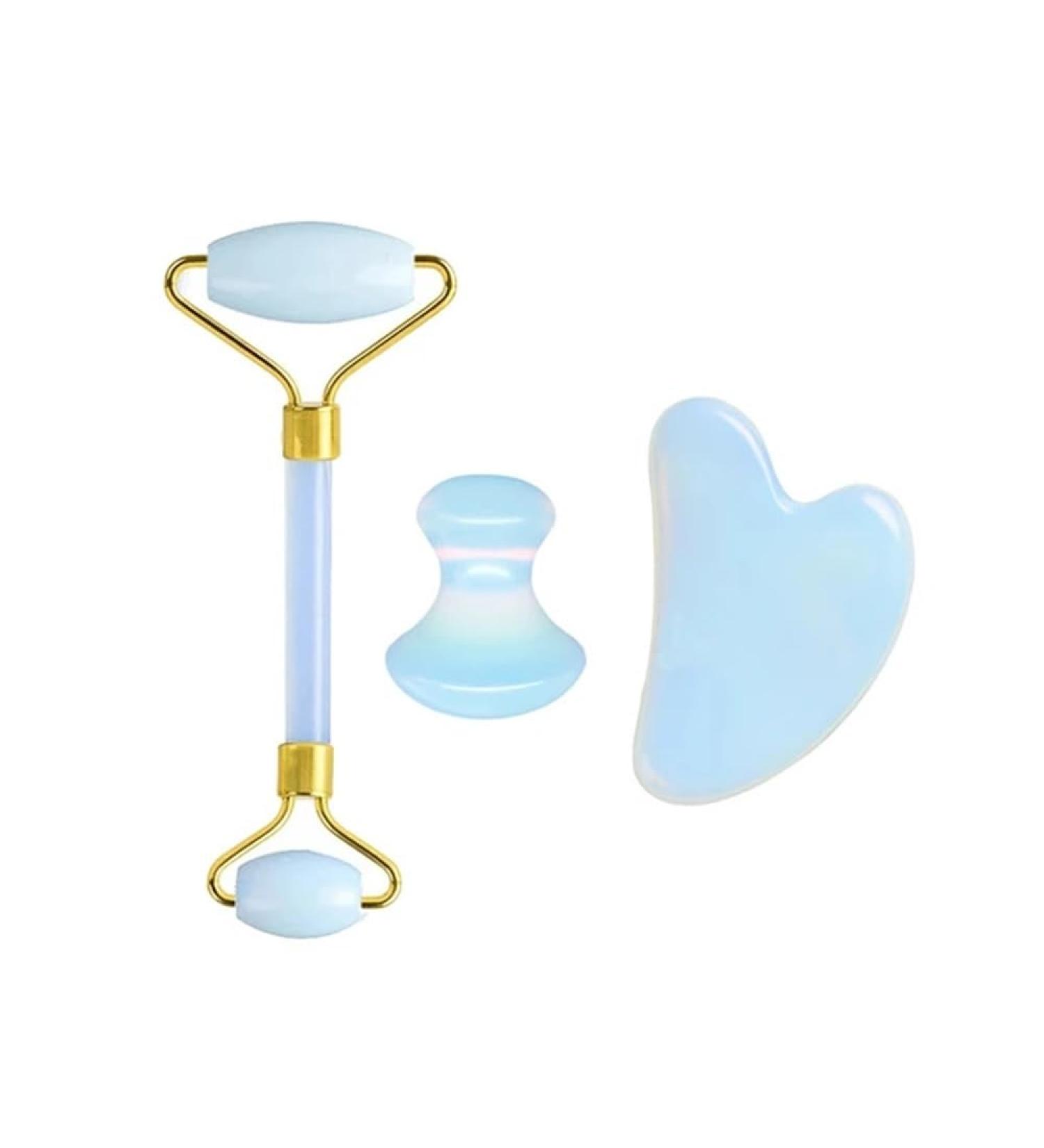 Jade Massage Roller Scraper Set | Stone Face Lifting Tool & Gua Sha Massager - Anti-Wrinkle | Type 1 Blue - Buy Online on GoSupps.com