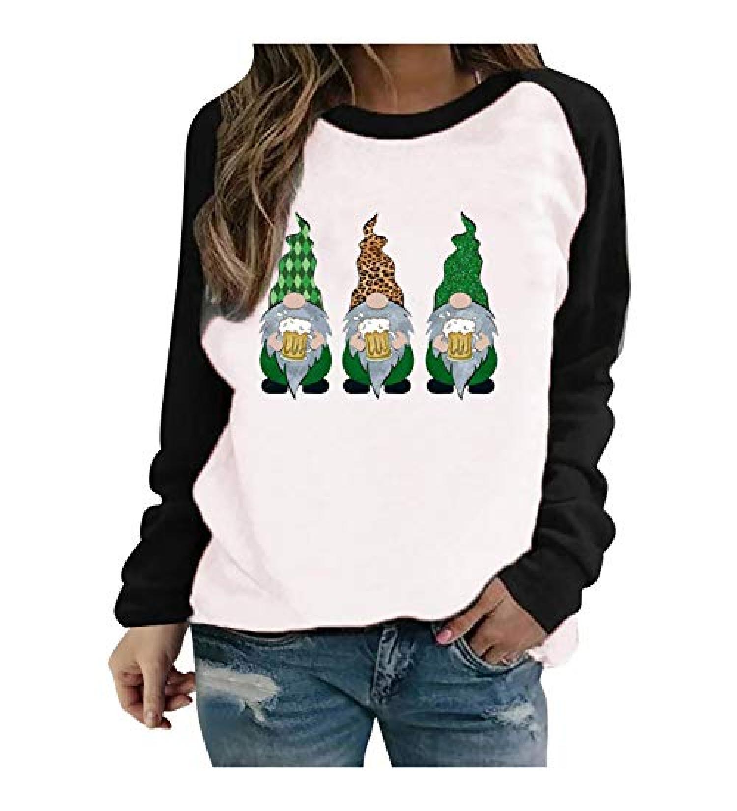 St. Patrick's Day Shamrock Print Women's Graphic Tee - Casual Long Sleeve T-Shirt - Buy Online on GoSupps.com