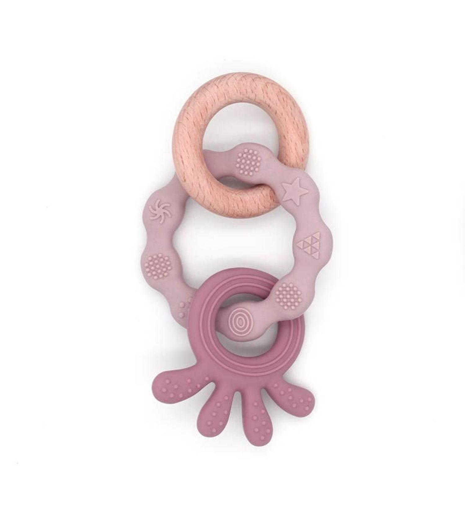 Baby Teether- Silicone and Beechwood Ring- Nautical Pink Octopus