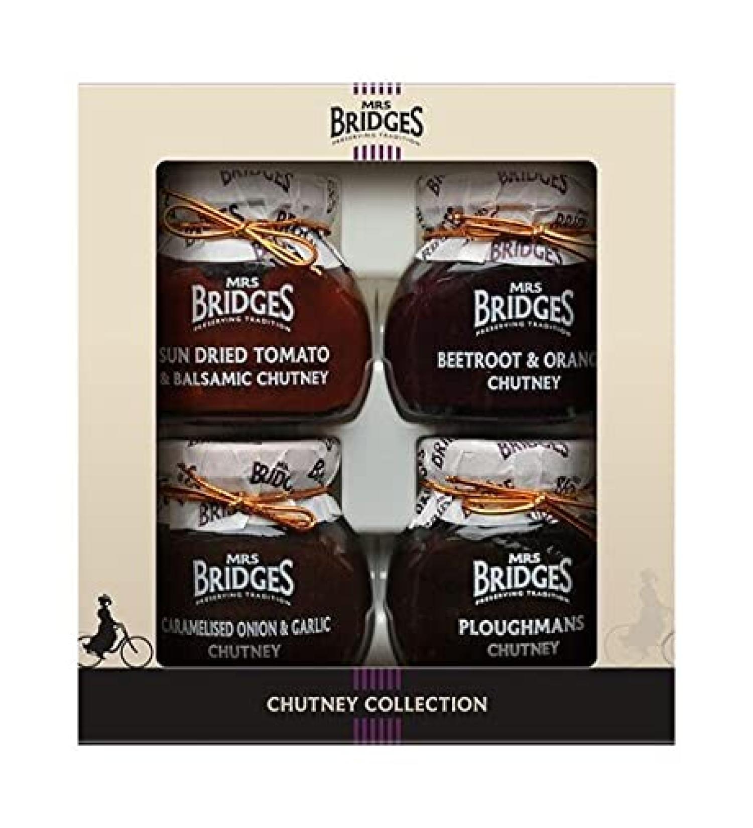Mrs Bridges Mackays 4x100g Jars of Chutneys in Presentation Box Birthday Present Chirstmas Gift Ploughman's Caramelised Onion & Garlic Beetroot & Orange Sundried Tomato & Balsamic