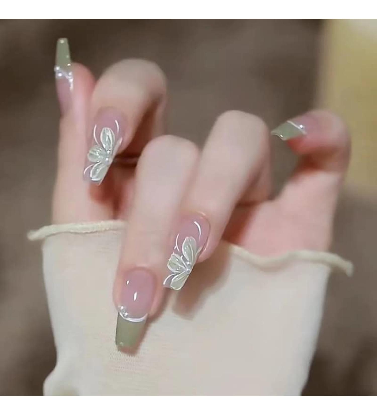 24 Pcs Flower Press on Nails: Long French Fake Nails with Exquisite Camellia Flowers & White Pearls Designs - Nude Green Glue on Nails for Women Manicure - Buy Online on GoSupps.com