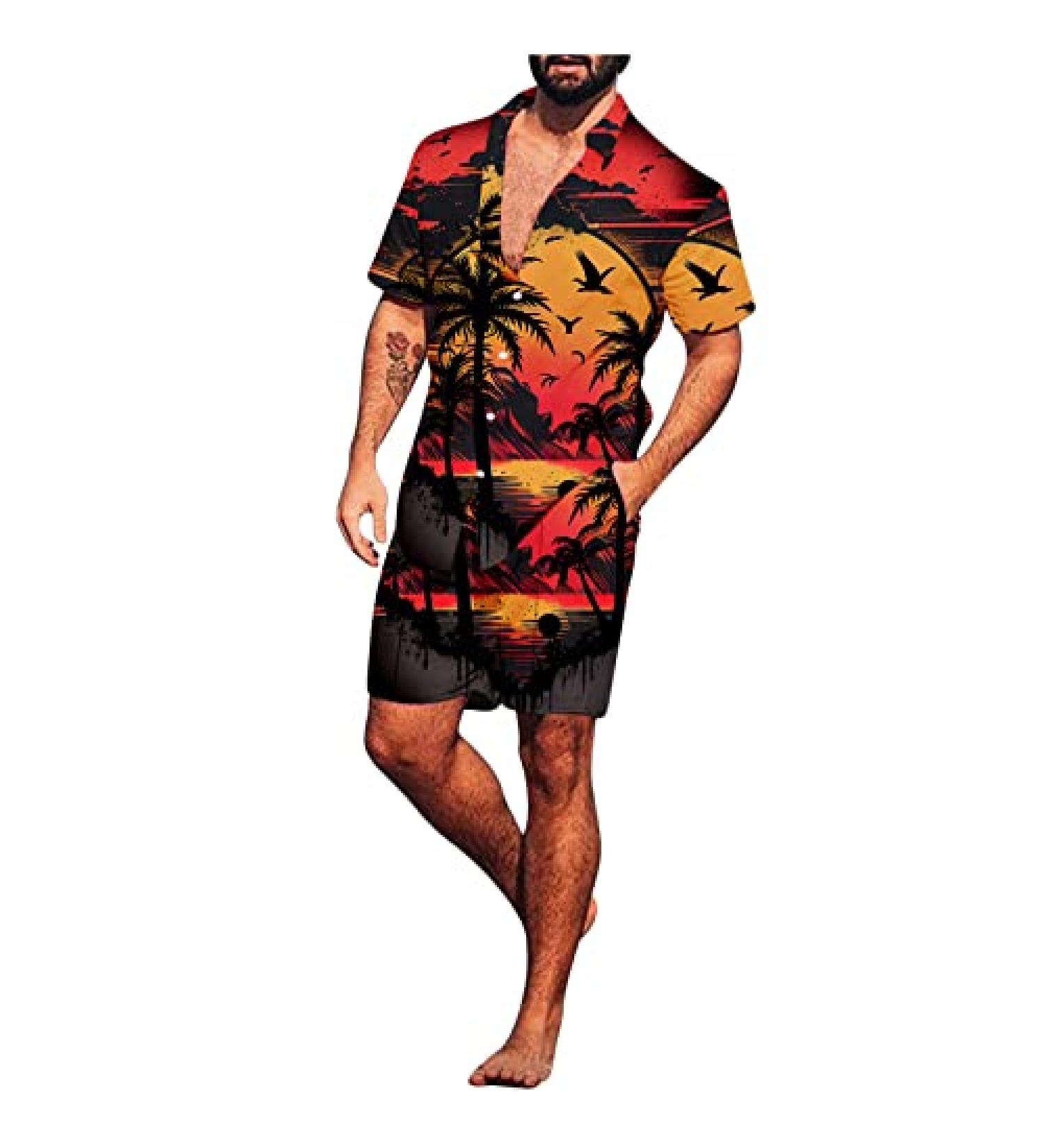 Tropical Hawaiian Men's 2 Piece Set: Button Down Shirt and Beach Shorts - A08-Orange XL - Buy Online on GoSupps.com