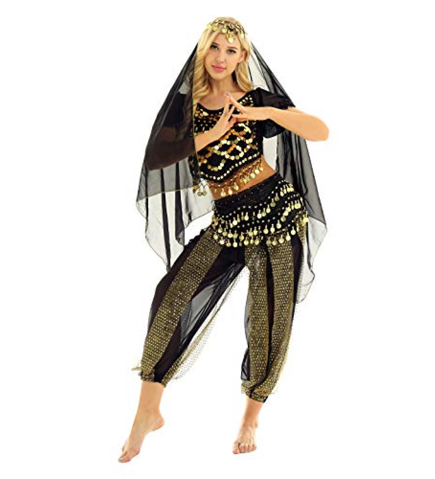 Moily Women's Indian Belly Dance Costume Set - Lantern Sleeves Coins Tops, Harem Pants, Hip Scarf - Black, One Size - Buy Online on GoSupps.com