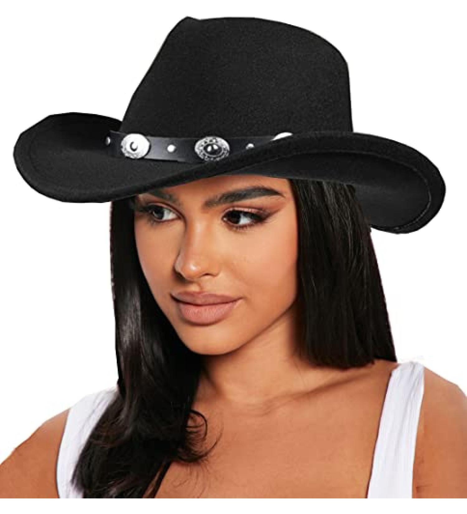 Women's Black Western Cowboy Hat - Outback Cowgirl Fedora with Silver Button - M/L 22-22.75 - Buy Online on GoSupps.com