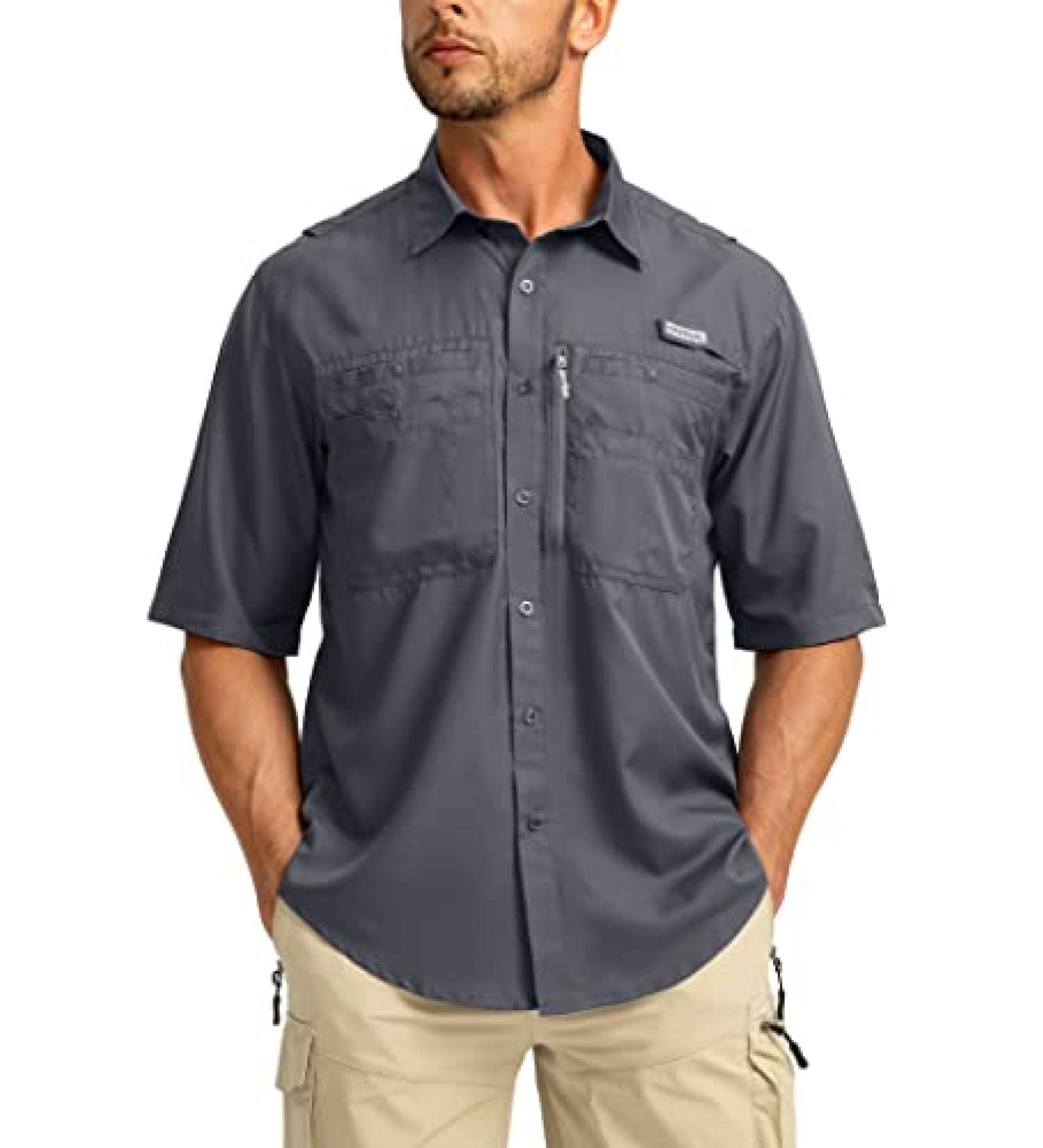 Men's Fishing Shirt UPF 50+ Lightweight Cool Short Sleeve Zipper Pockets Dark Grey XL - Buy Online on GoSupps.com