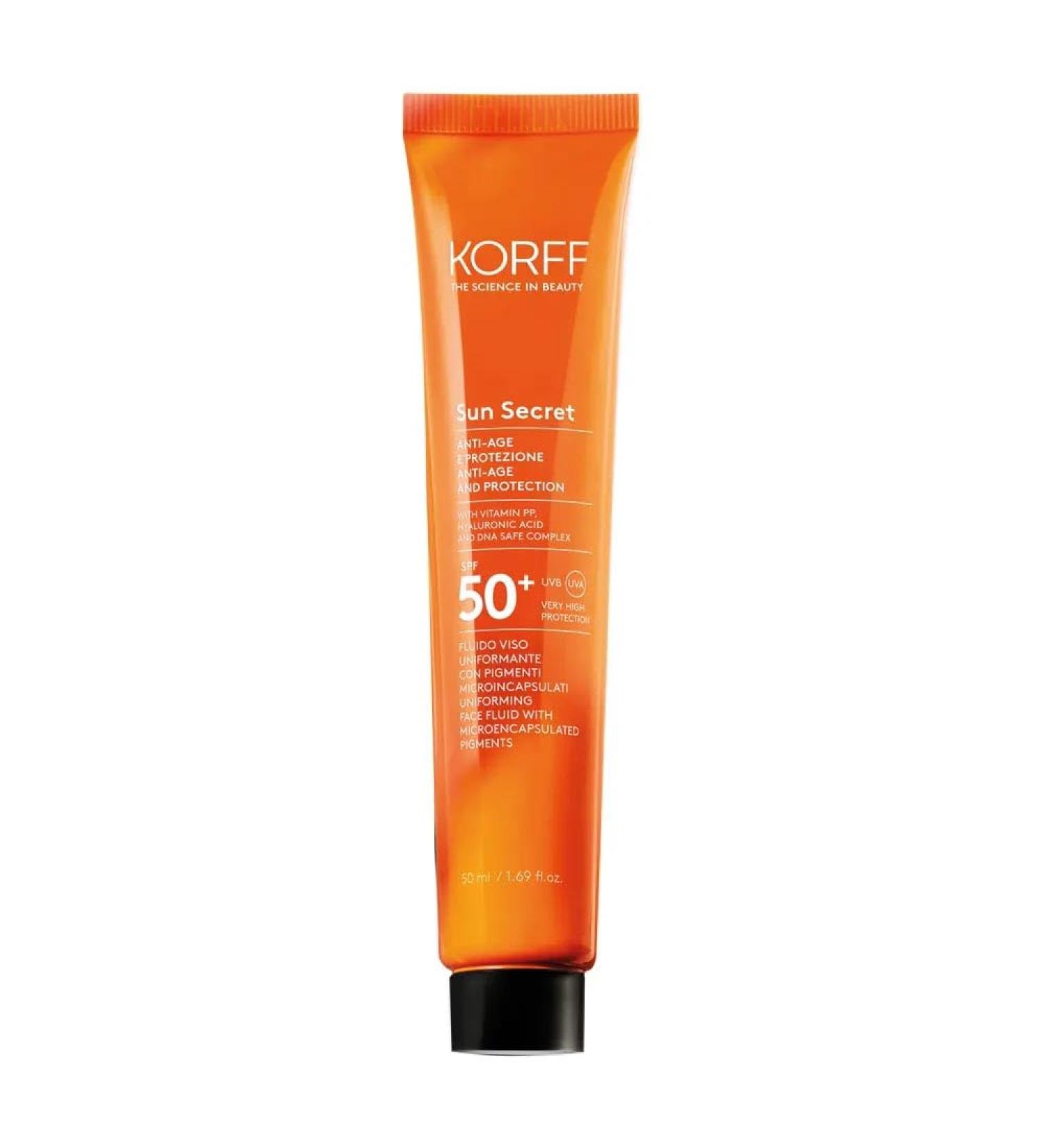 KORFF Sun Secret Face Leacon with microca -capsed pigments SPF50+ Light very high protection moisturizing effect with DNA Safe Complex hyaluronic acid and vitamin PP 50 ml