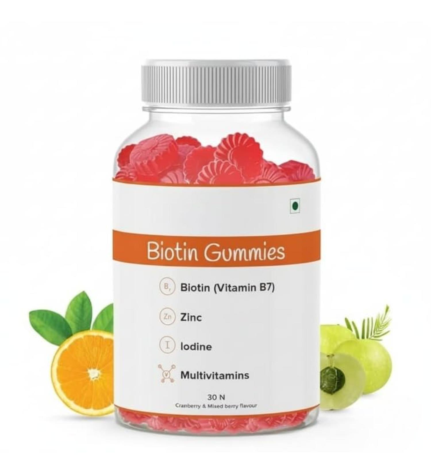 GHC Biotin Hair Gummies - 30 Gummies | 30 Days Pack | Enriched with Biotin Vitamin A C E & Zinc | Added Sugar | Keeps Hair Healthy & Strong | Cranberry Flavored |100% Vegetarian - Buy Online on GoSupps.com