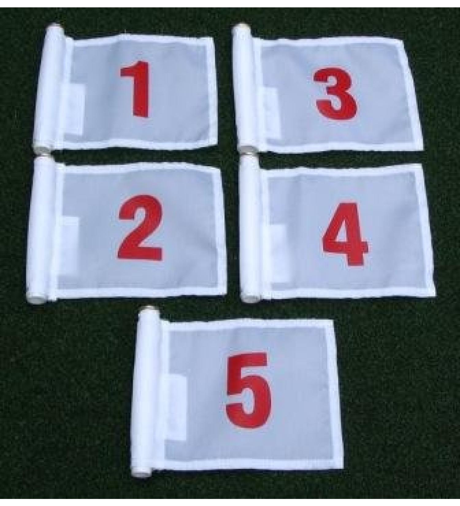 Red Numbered Golf Pin Marker Flag Set - Numbers 1-5 on White Jr. Flag for Putting Green - 400 Denier Fabric - Buy Online on GoSupps.com